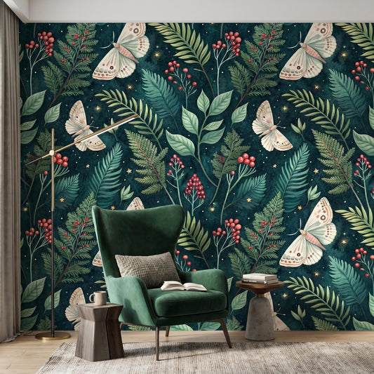 Emerald Green Moth Wallpaper, Dark Academia Fern Mural, Celestial Forest Decor (Peel and Stick)-WP0029
