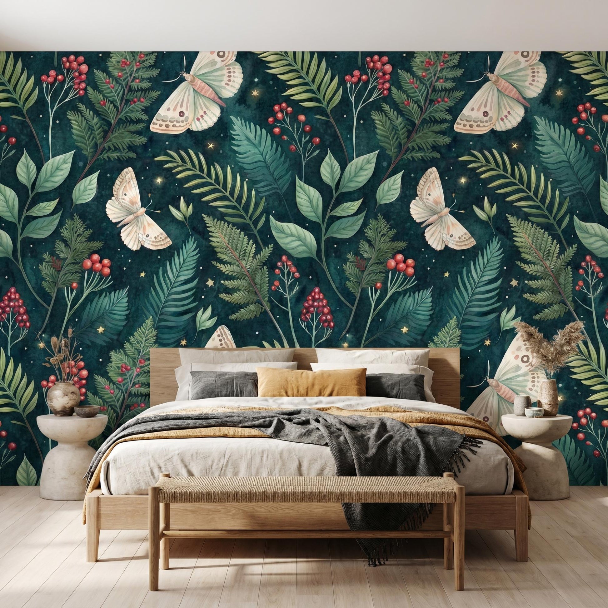 Emerald Green Moth Wallpaper, Dark Academia Fern Mural, Celestial Forest Decor (Peel and Stick)-WP0029