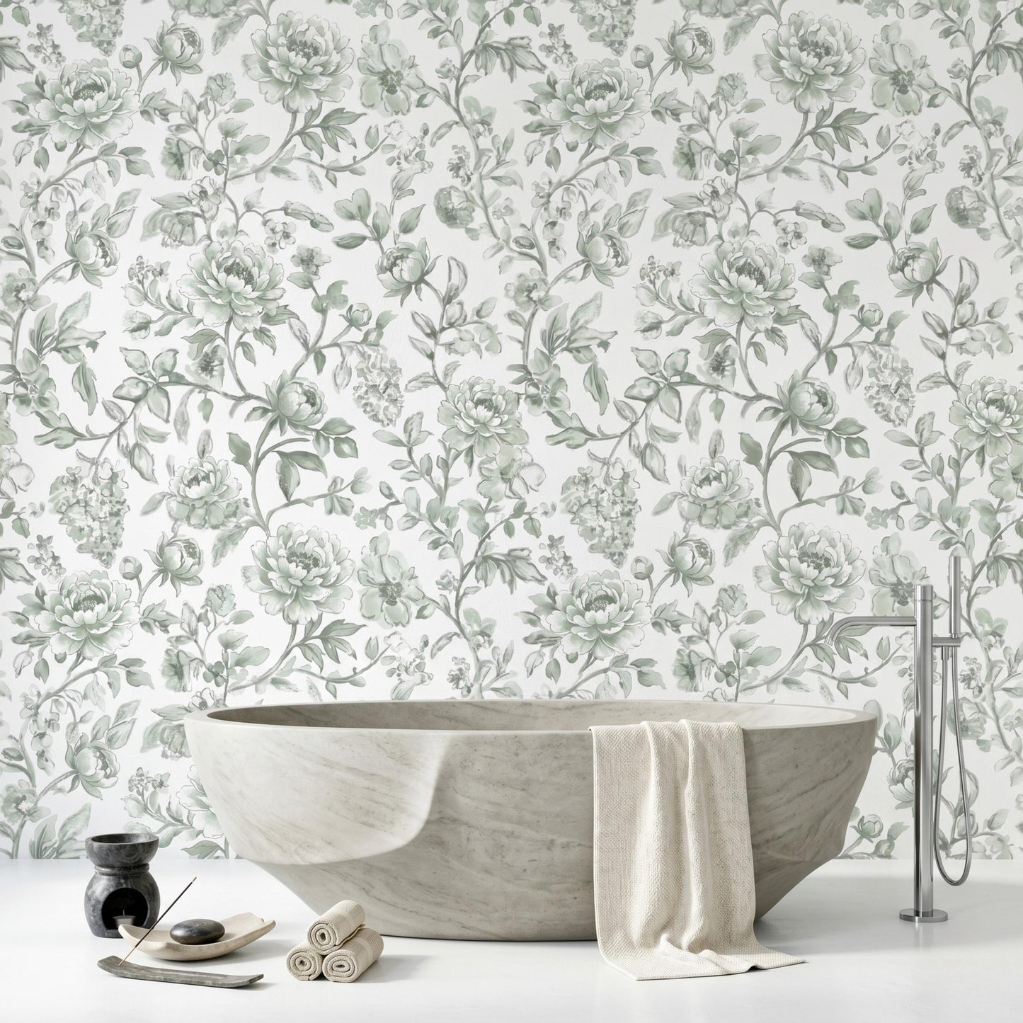 Sage Green Peony Floral Wallpaper Mural: Vintage French Botanical Peel and Stick Wall Art-WP0061
