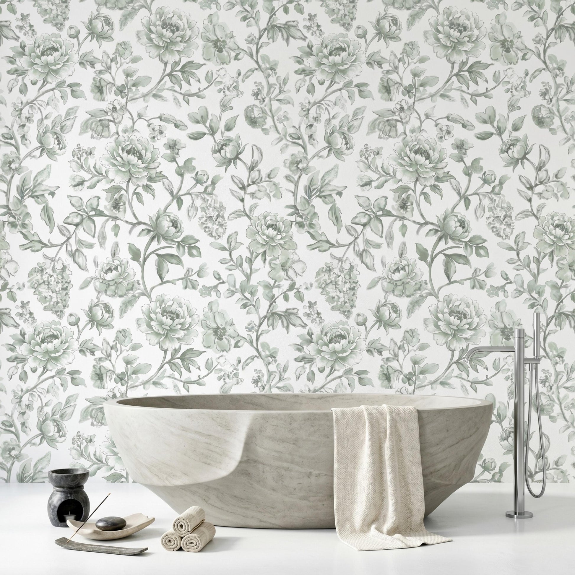 Sage Green Peony Floral Wallpaper Mural: Vintage French Botanical Peel and Stick Wall Art-WP0061