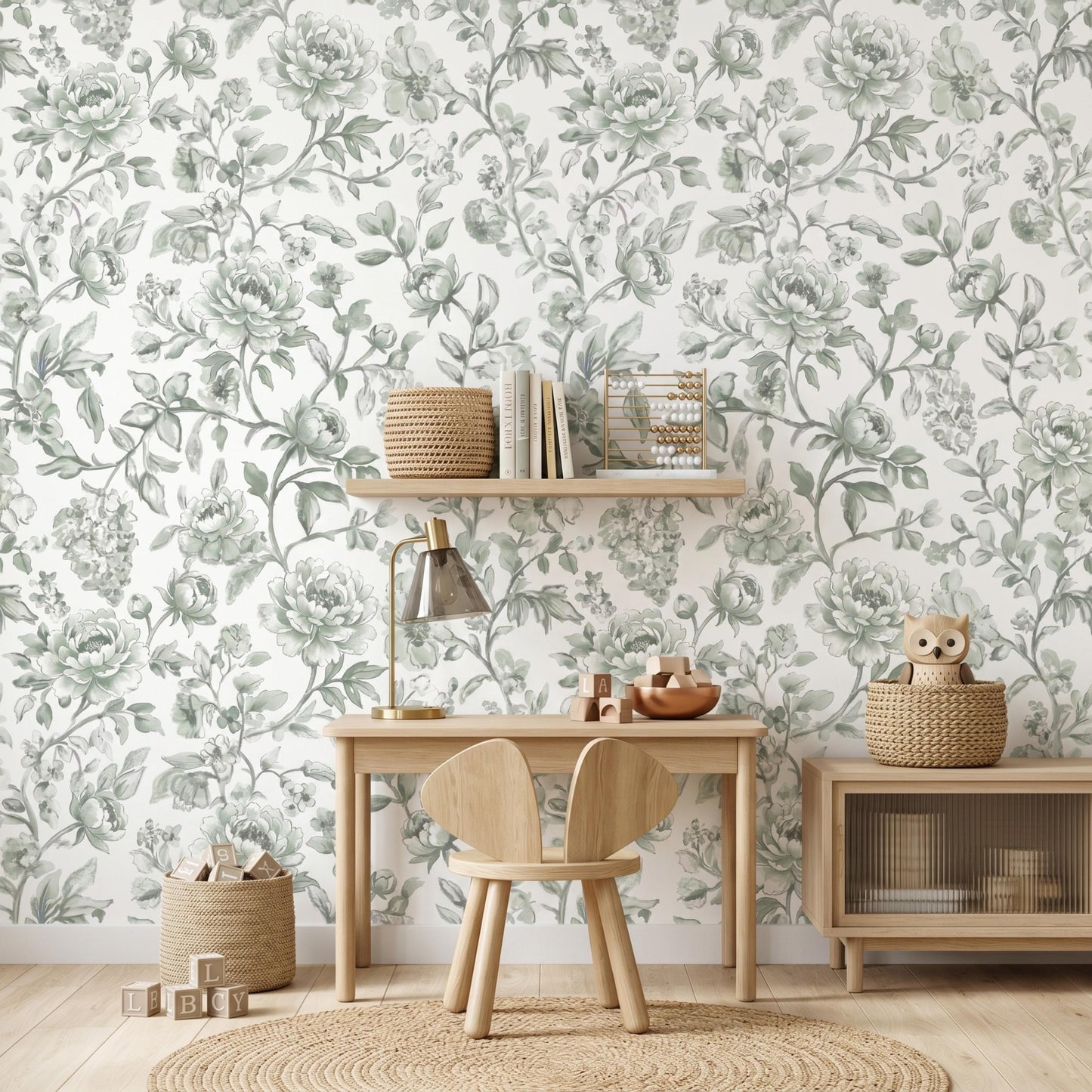 Sage Green Peony Floral Wallpaper Mural: Vintage French Botanical Peel and Stick Wall Art-WP0061