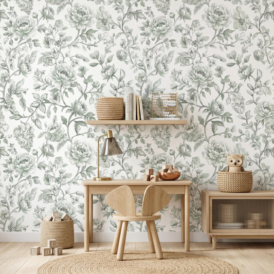 Sage Green Peony Floral Wallpaper Mural: Vintage French Botanical Peel and Stick Wall Art-WP0061