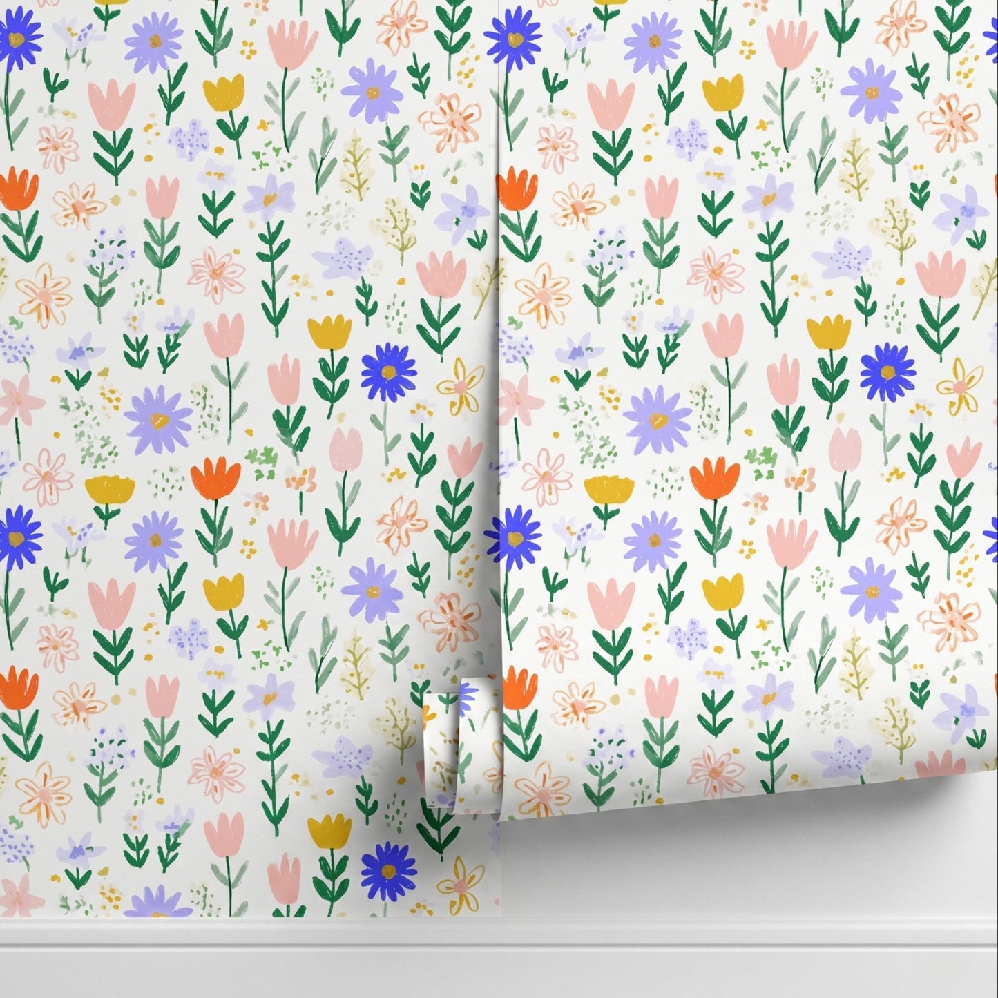 Multi Color Whimsical Hand Painted Wildflower Wallpaper, Cottagecore Nursery Wall Decor, Boho Pastel Floral Wall Mural-WP0062