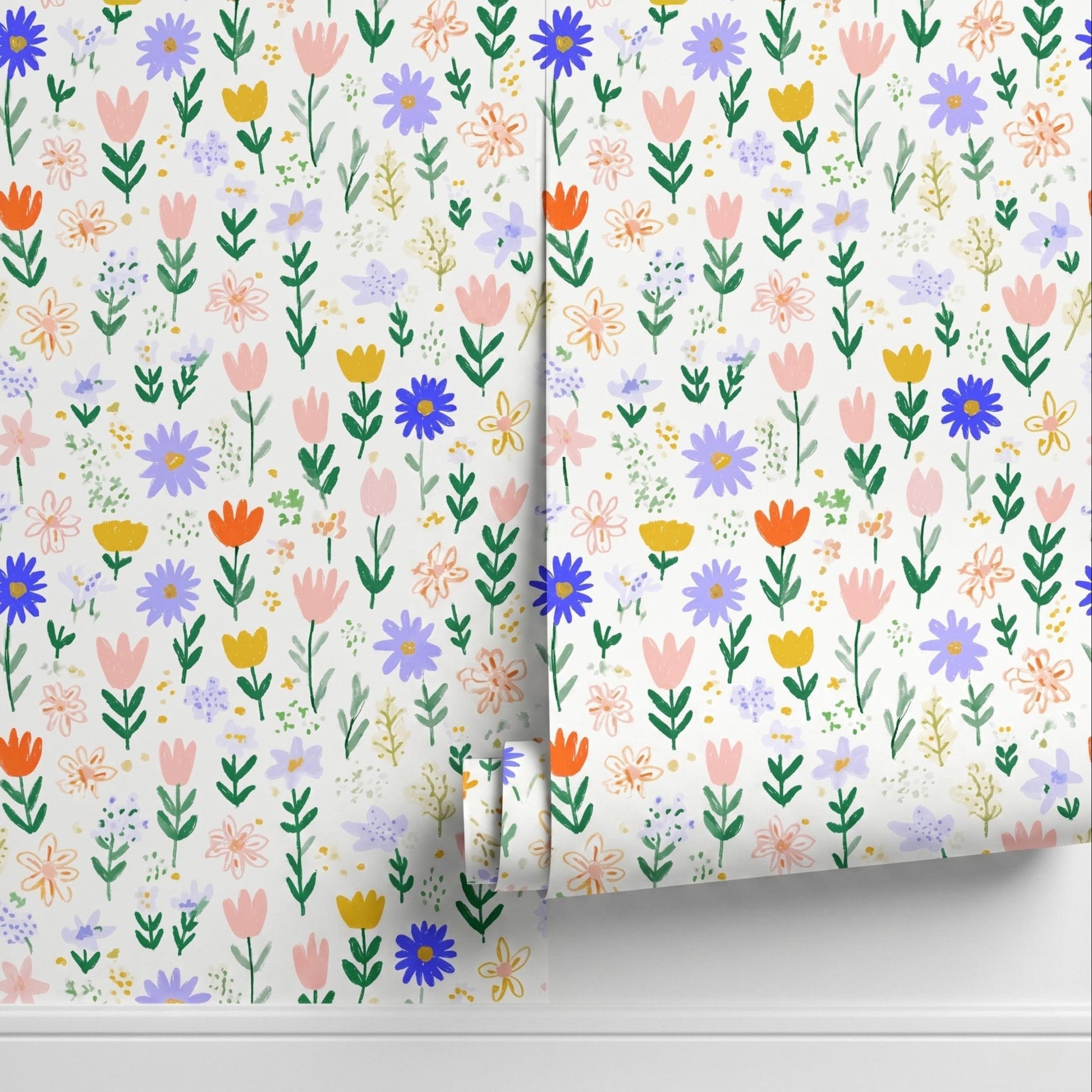 Multi Color Whimsical Hand Painted Wildflower Wallpaper, Cottagecore Nursery Wall Decor, Boho Pastel Floral Wall Mural-WP0062