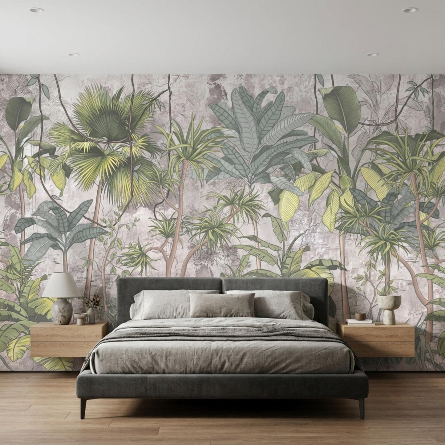 Muted Green Vintage Botanical Jungle Mural, Tropical Palm Leaf Accent Wall (Peel and Stick)-WP0032