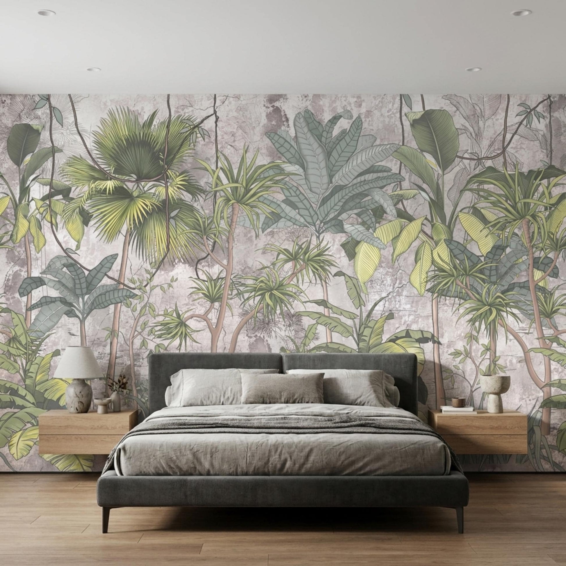 Muted Green Vintage Botanical Jungle Mural, Tropical Palm Leaf Accent Wall (Peel and Stick)-WP0032