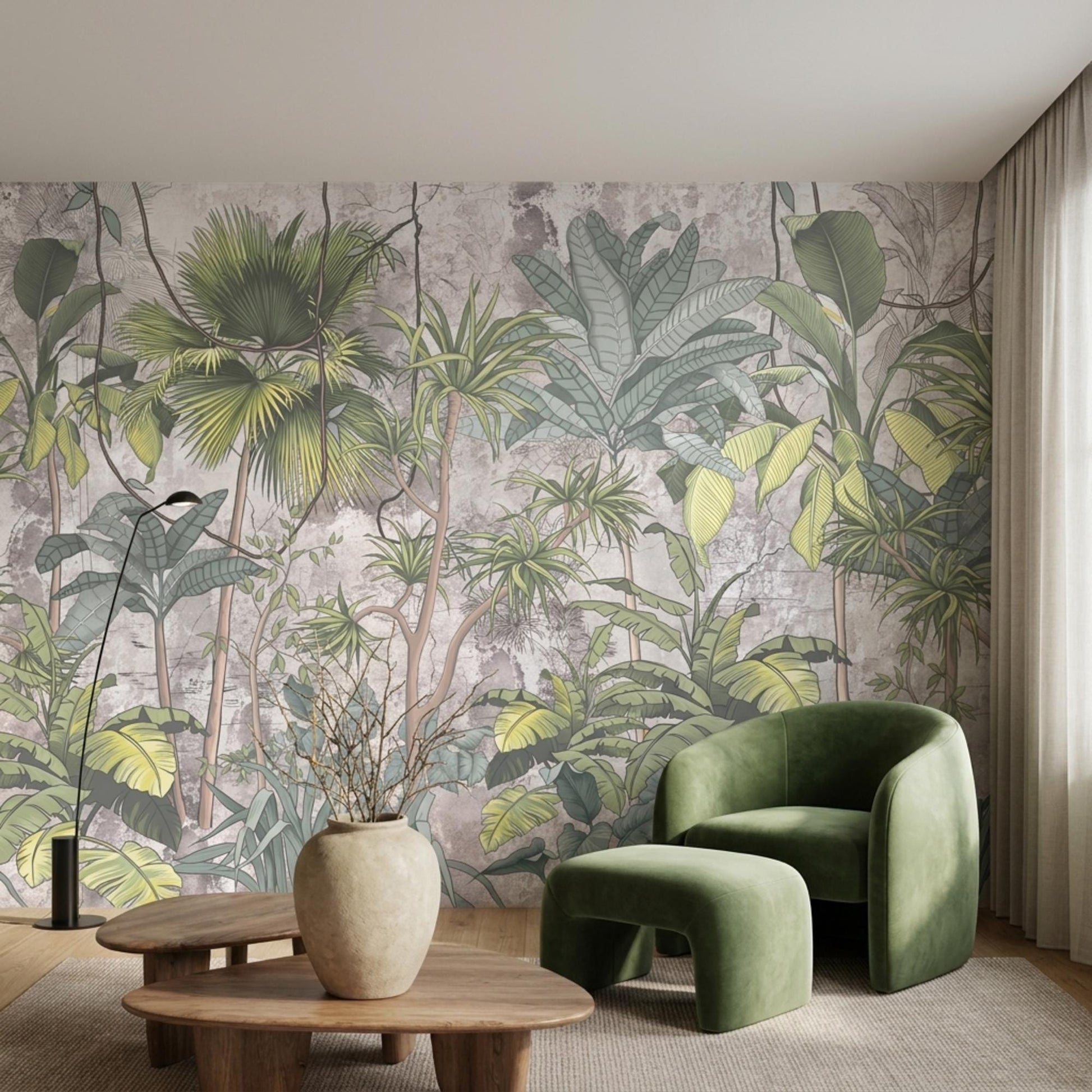 Muted Green Vintage Botanical Jungle Mural, Tropical Palm Leaf Accent Wall (Peel and Stick)-WP0032