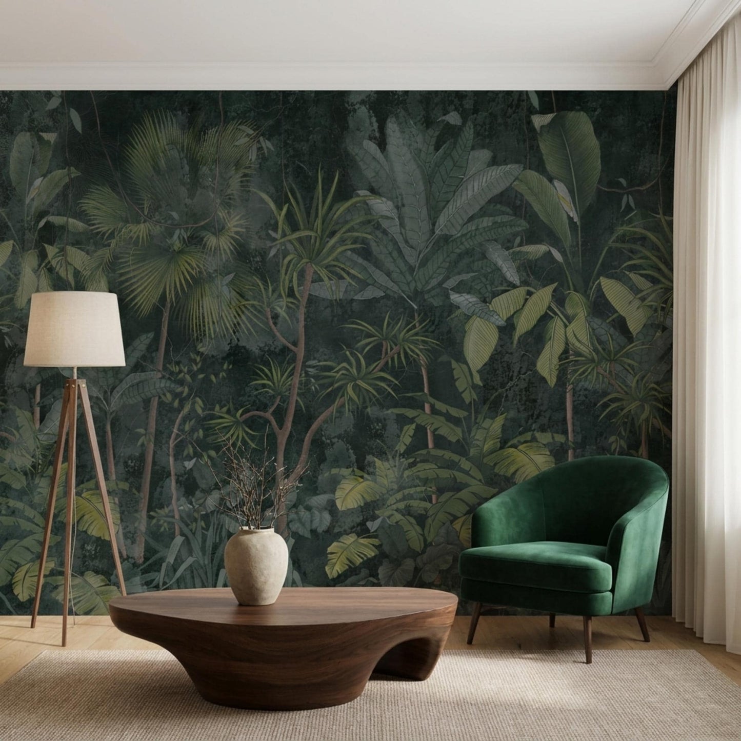 Dark Green Tropical Jungle Wallpaper Mural, Vintage Botanical Wall Art (Peel and Stick)-WP0033
