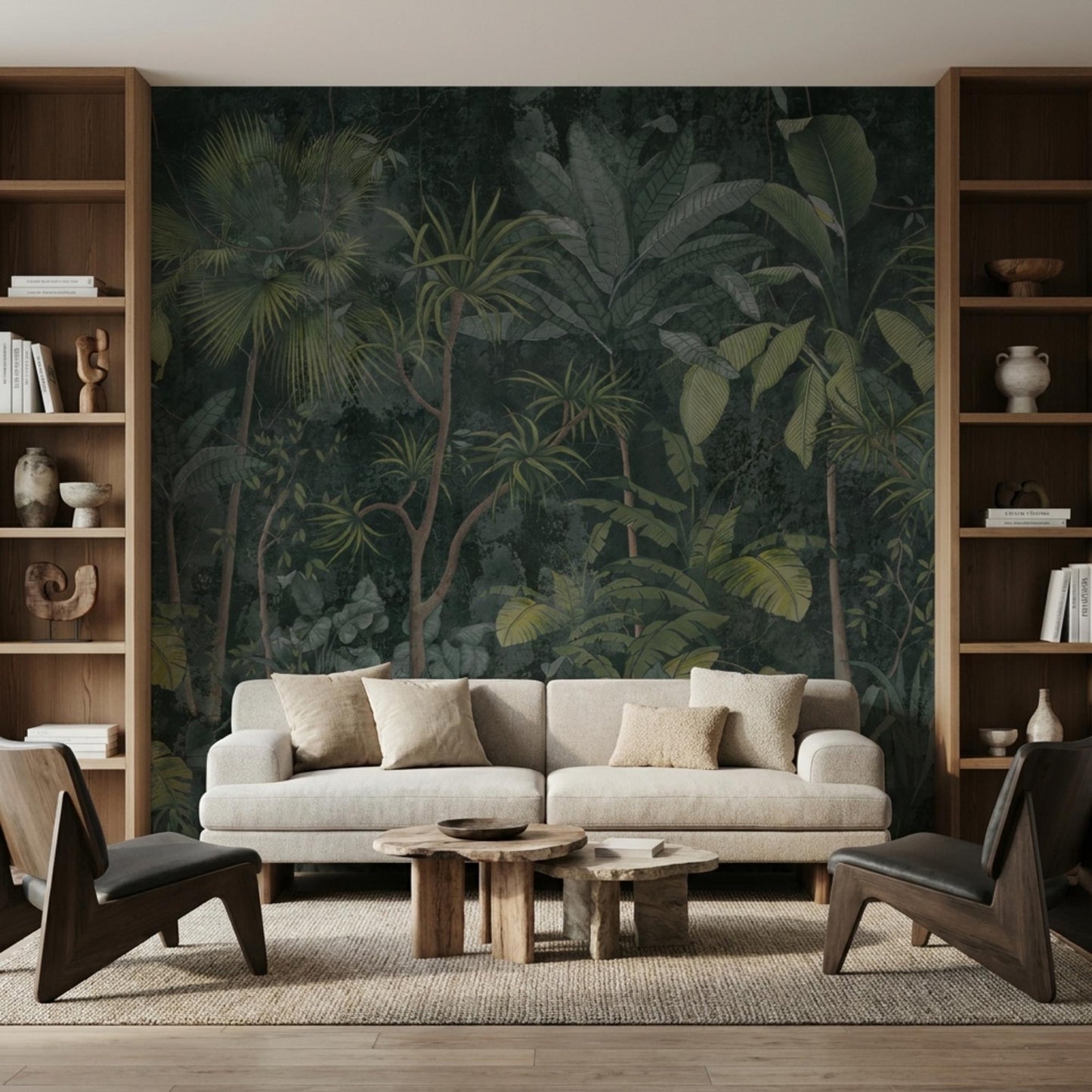 Dark Green Tropical Jungle Wallpaper Mural, Vintage Botanical Wall Art (Peel and Stick)-WP0033