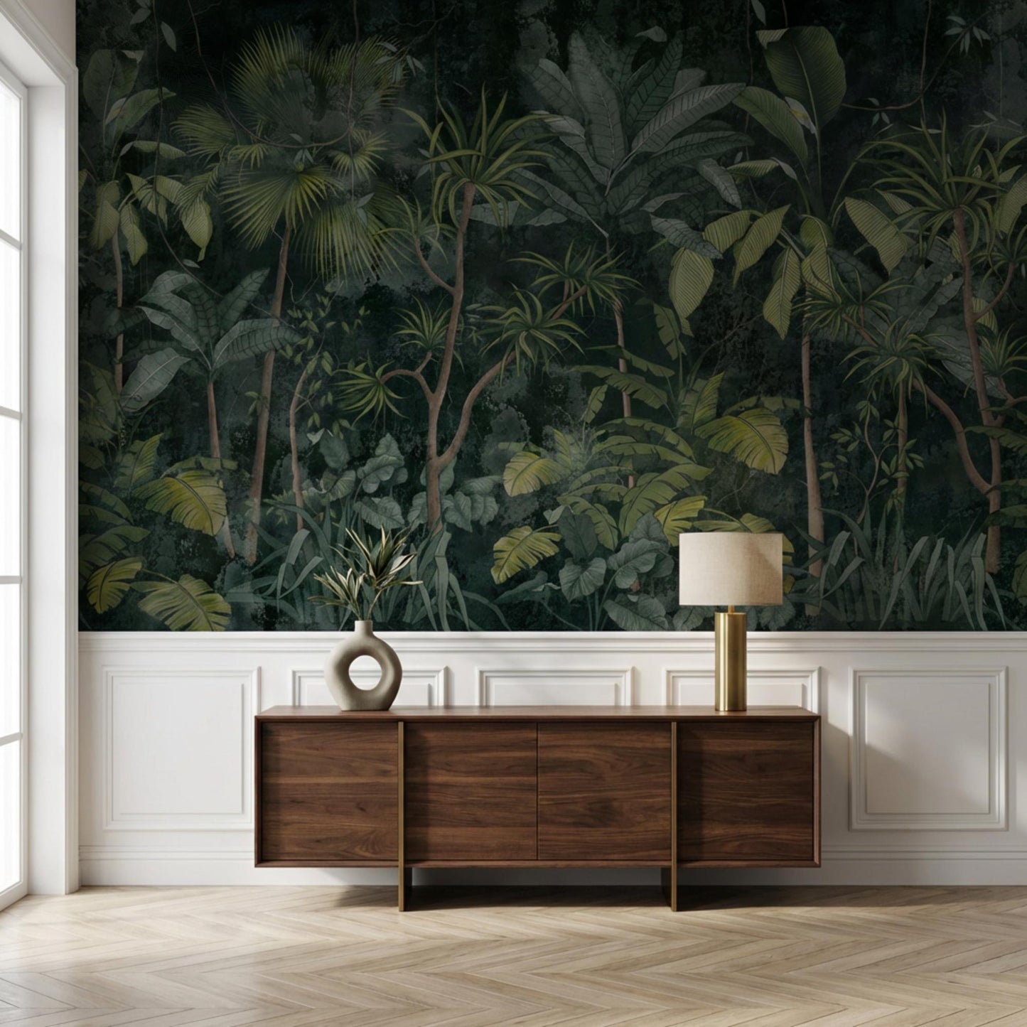 Dark Green Tropical Jungle Wallpaper Mural, Vintage Botanical Wall Art (Peel and Stick)-WP0033