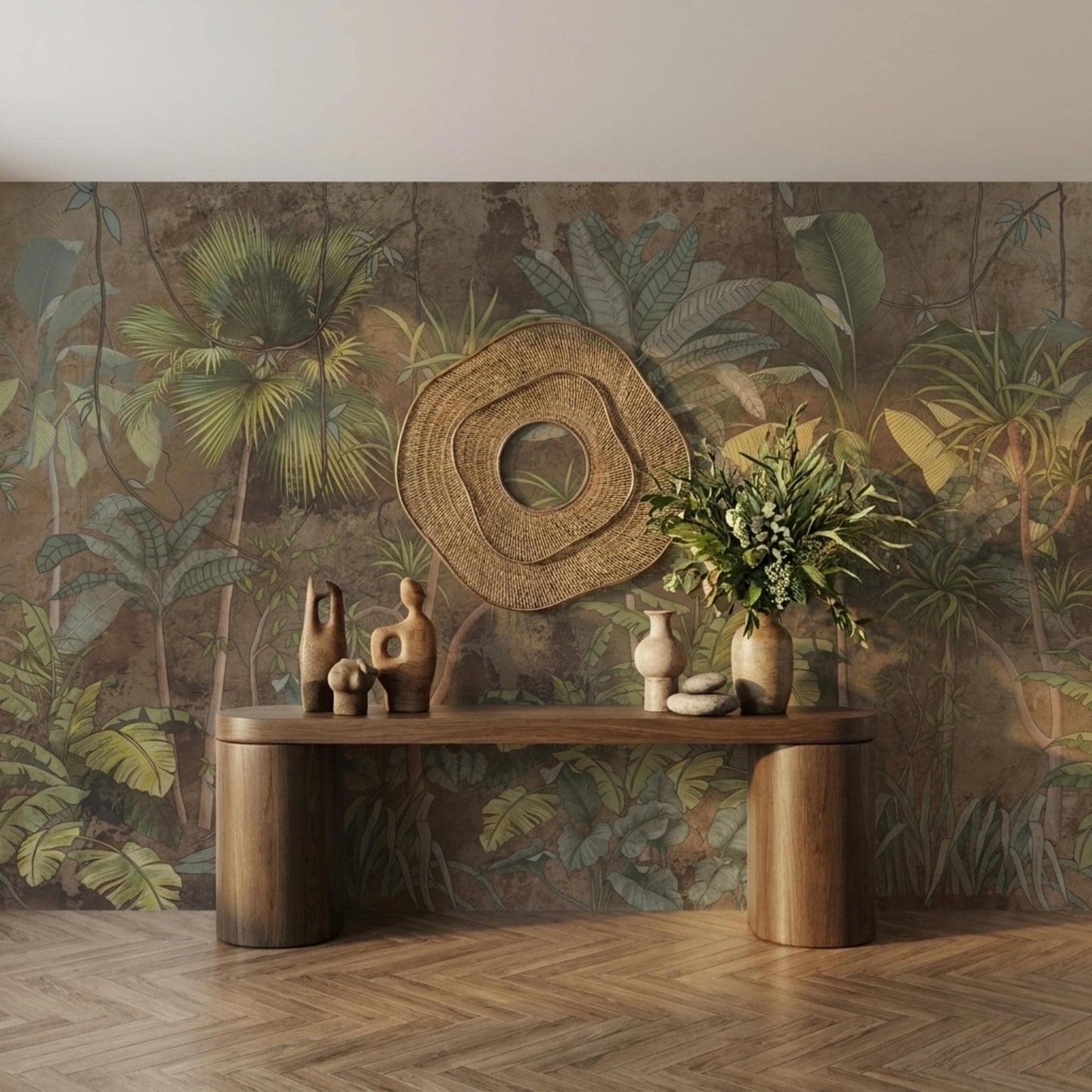 Earthy Brown Jungle Wallpaper Mural, Vintage Botanical Wall Decor, Moody Tropical Leaf Wallpaper, Antique Style Peel and Stick -WP0034