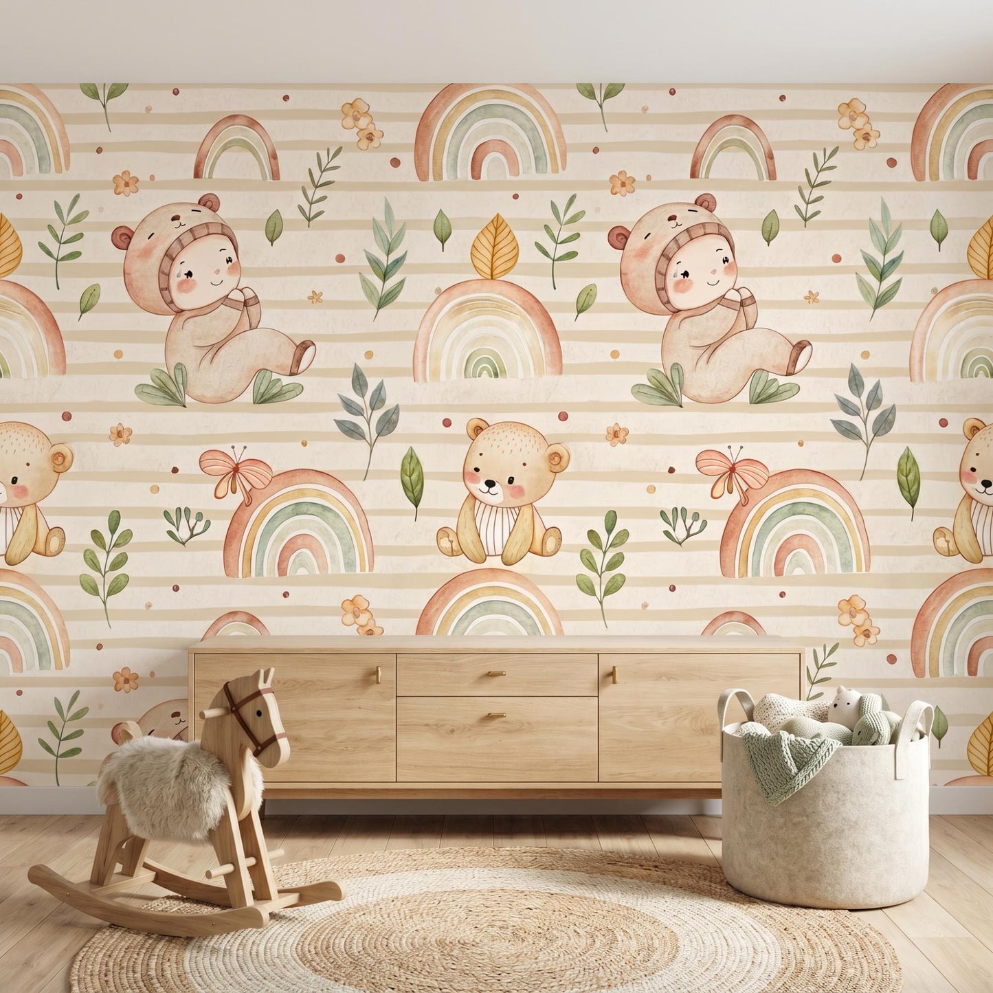 Boho Teddy Bear Rainbow Nursery Wallpaper, Watercolor Baby Room Mural-WP0035