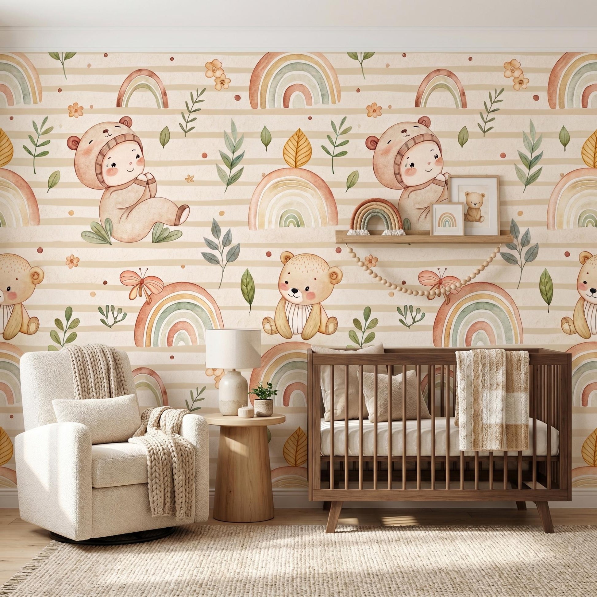 Boho Teddy Bear Rainbow Nursery Wallpaper, Watercolor Baby Room Mural-WP0035