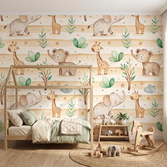 Watercolor Safari Nursery Wallpaper, Elephant Giraffe Boho Animal Mural, Neutral Baby Room Art-WP0036