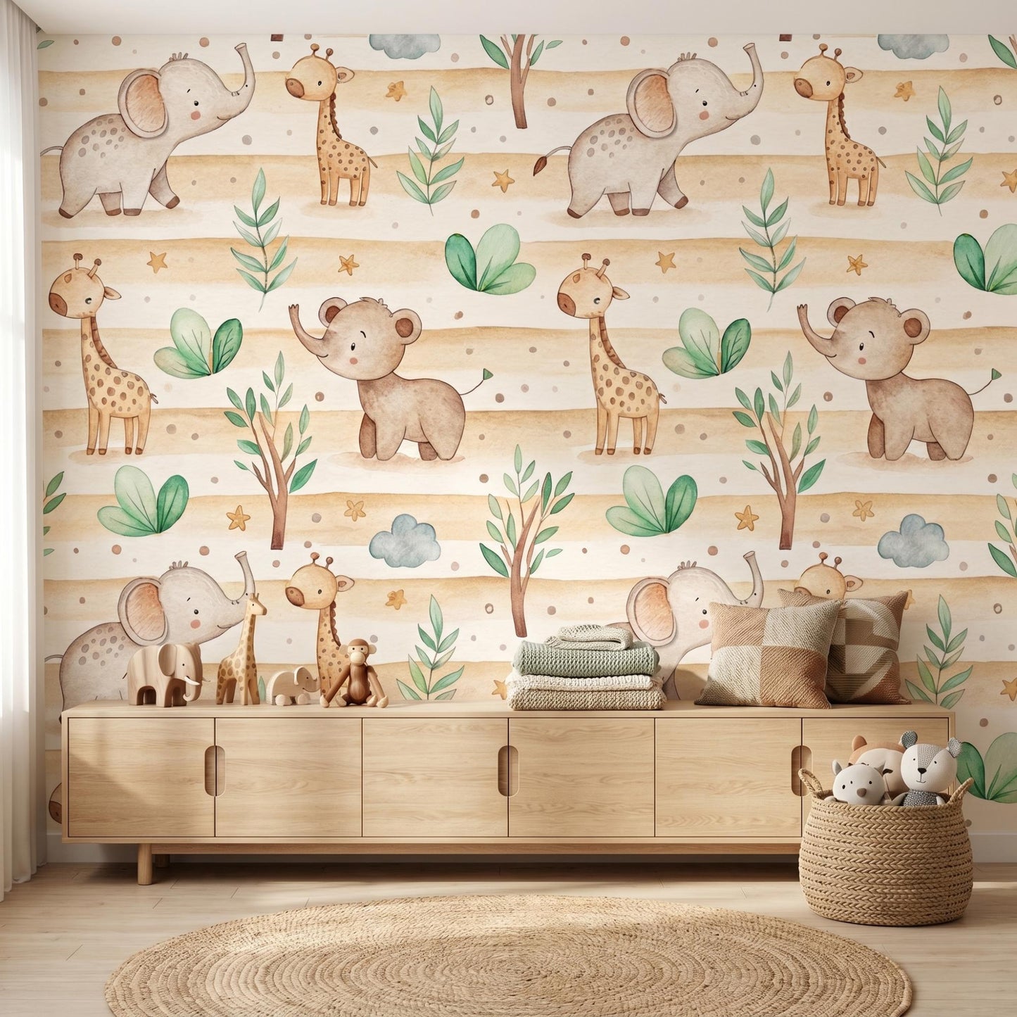 Watercolor Safari Nursery Wallpaper, Elephant Giraffe Boho Animal Mural, Neutral Baby Room Art-WP0036