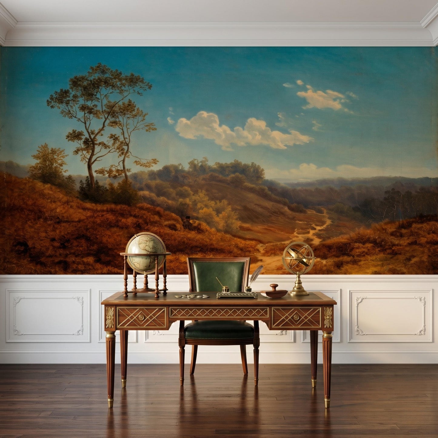 Vintage Landscape Wallpaper, Large Scale Teal Blue Forest Mural, Removable Living Room Wall Art, Old World Bedroom Decor-WP0064