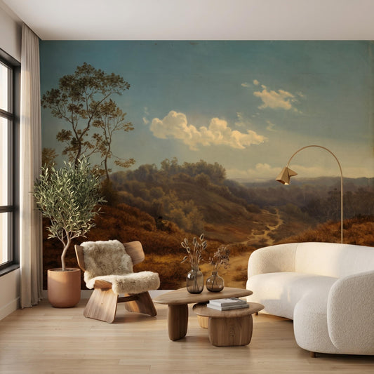Vintage Landscape Wallpaper, Large Scale Teal Blue Forest Mural, Removable Living Room Wall Art, Old World Bedroom Decor-WP0064