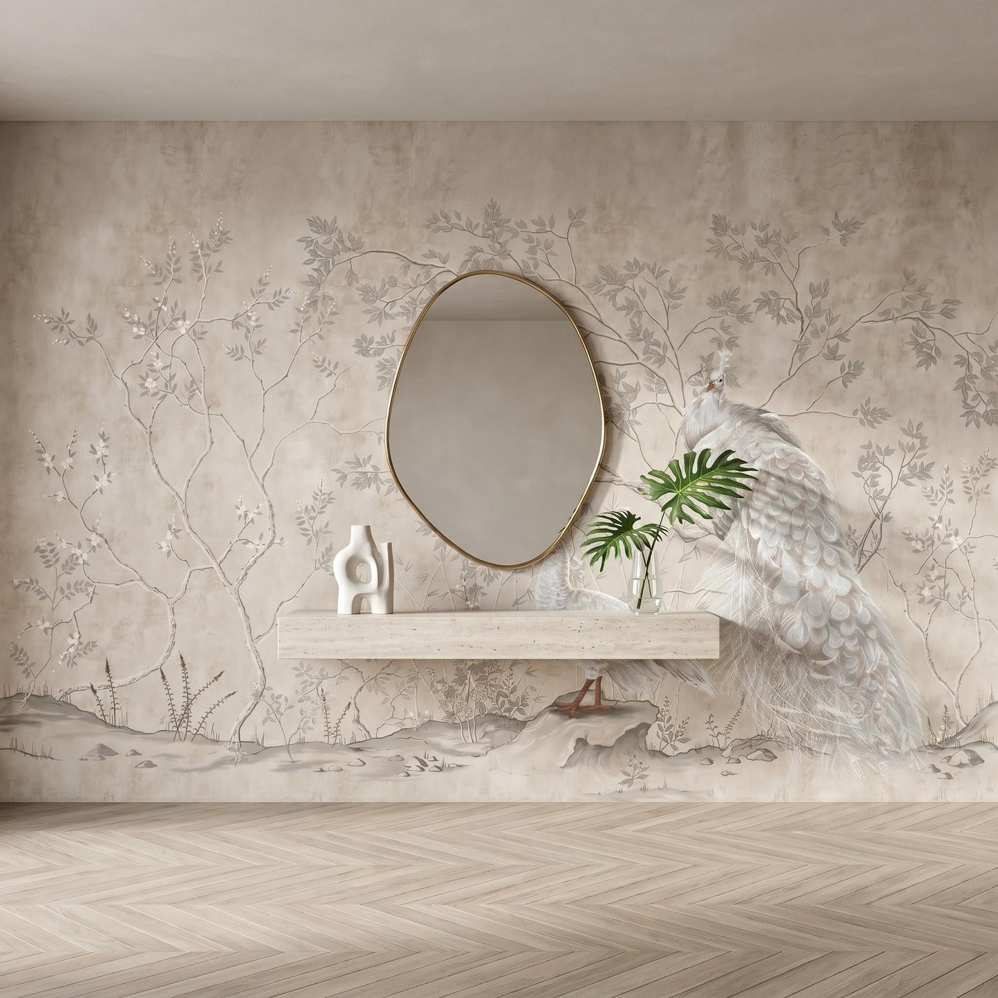 Beige Chinoiserie Peacock Mural, Floral Peel and Stick Wallpaper, Vintage French Country Decor-WP0037
