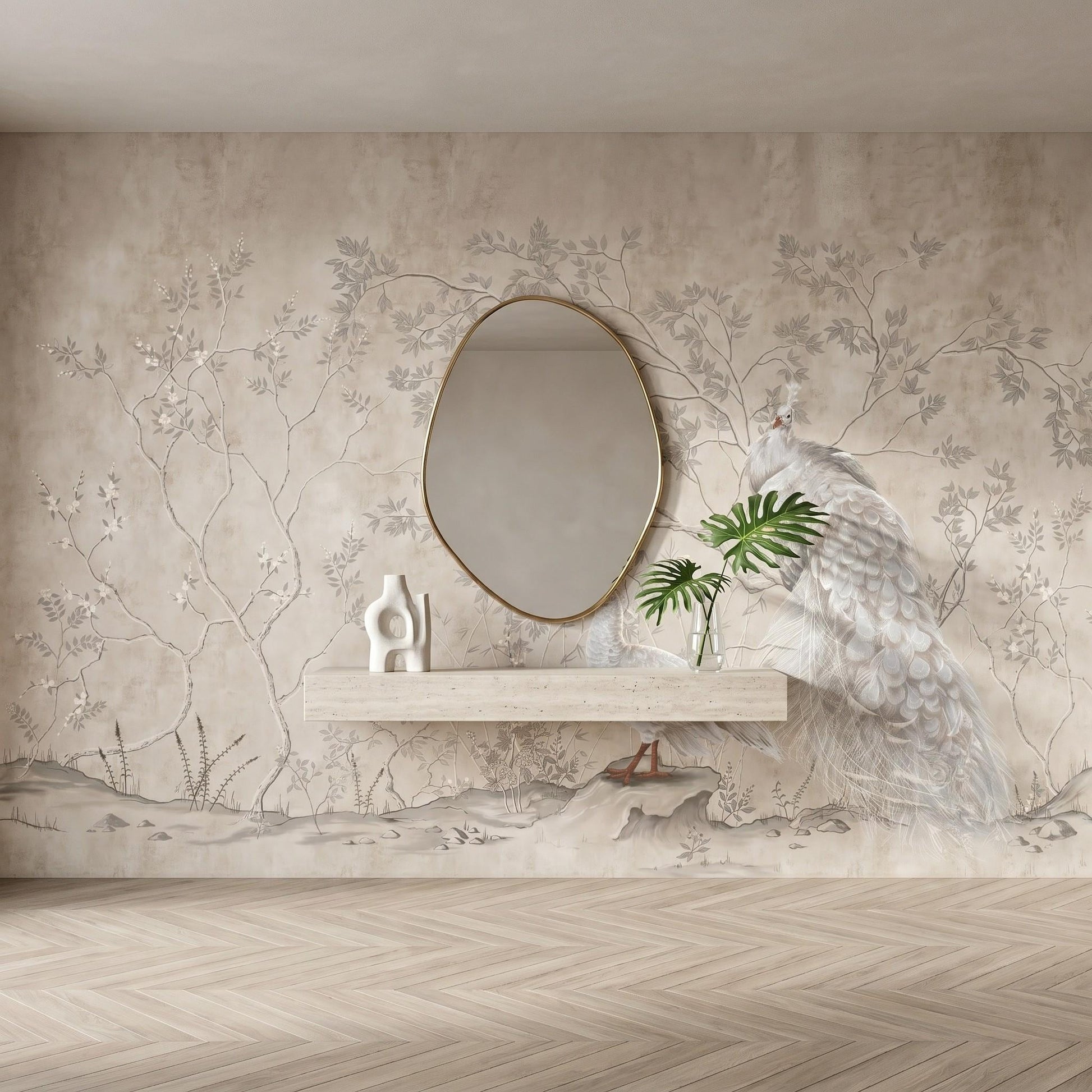 Beige Chinoiserie Peacock Mural, Floral Peel and Stick Wallpaper, Vintage French Country Decor-WP0037