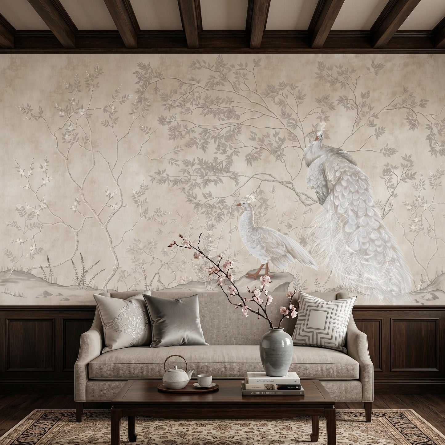 Beige Chinoiserie Peacock Mural, Floral Peel and Stick Wallpaper, Vintage French Country Decor-WP0037