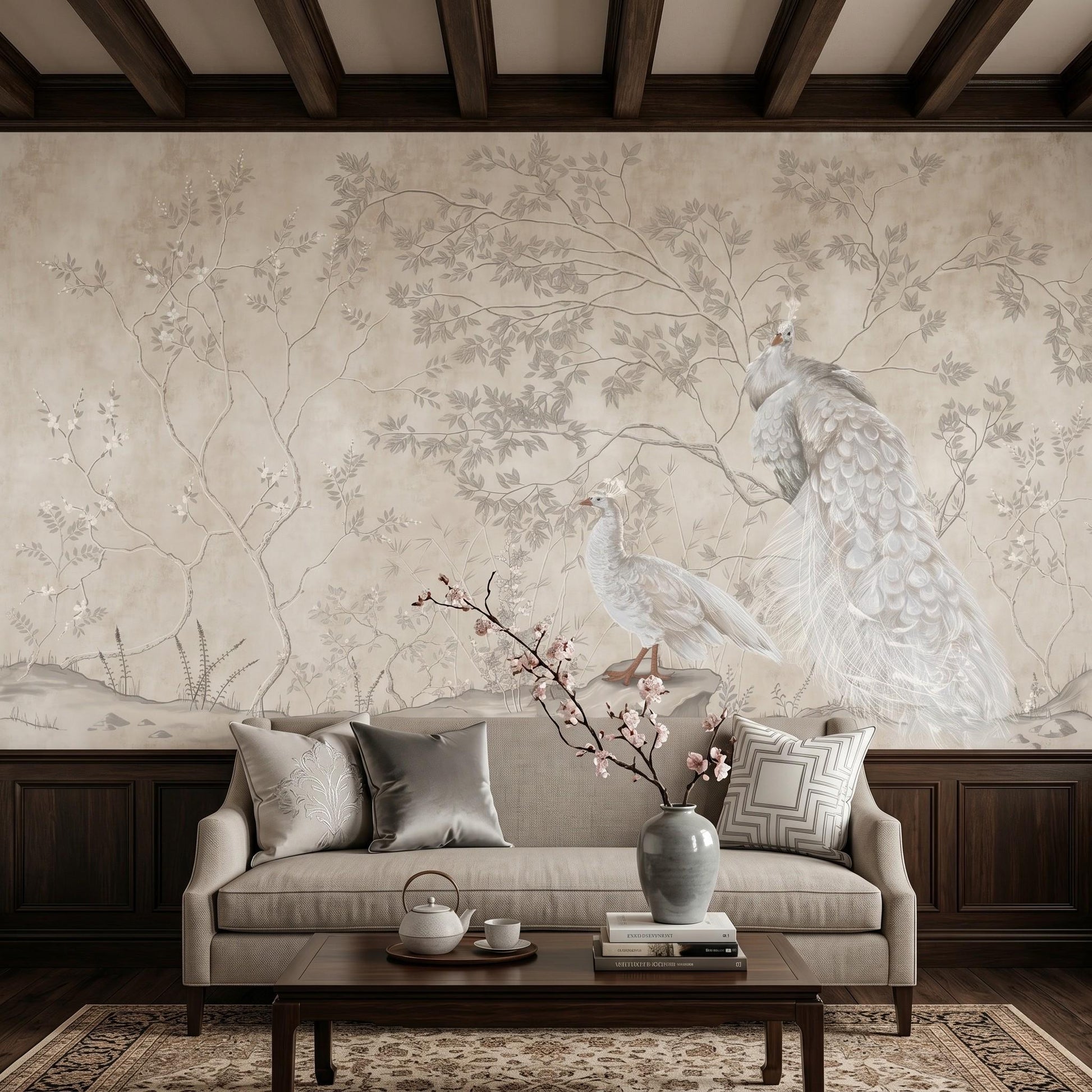 Beige Chinoiserie Peacock Mural, Floral Peel and Stick Wallpaper, Vintage French Country Decor-WP0037