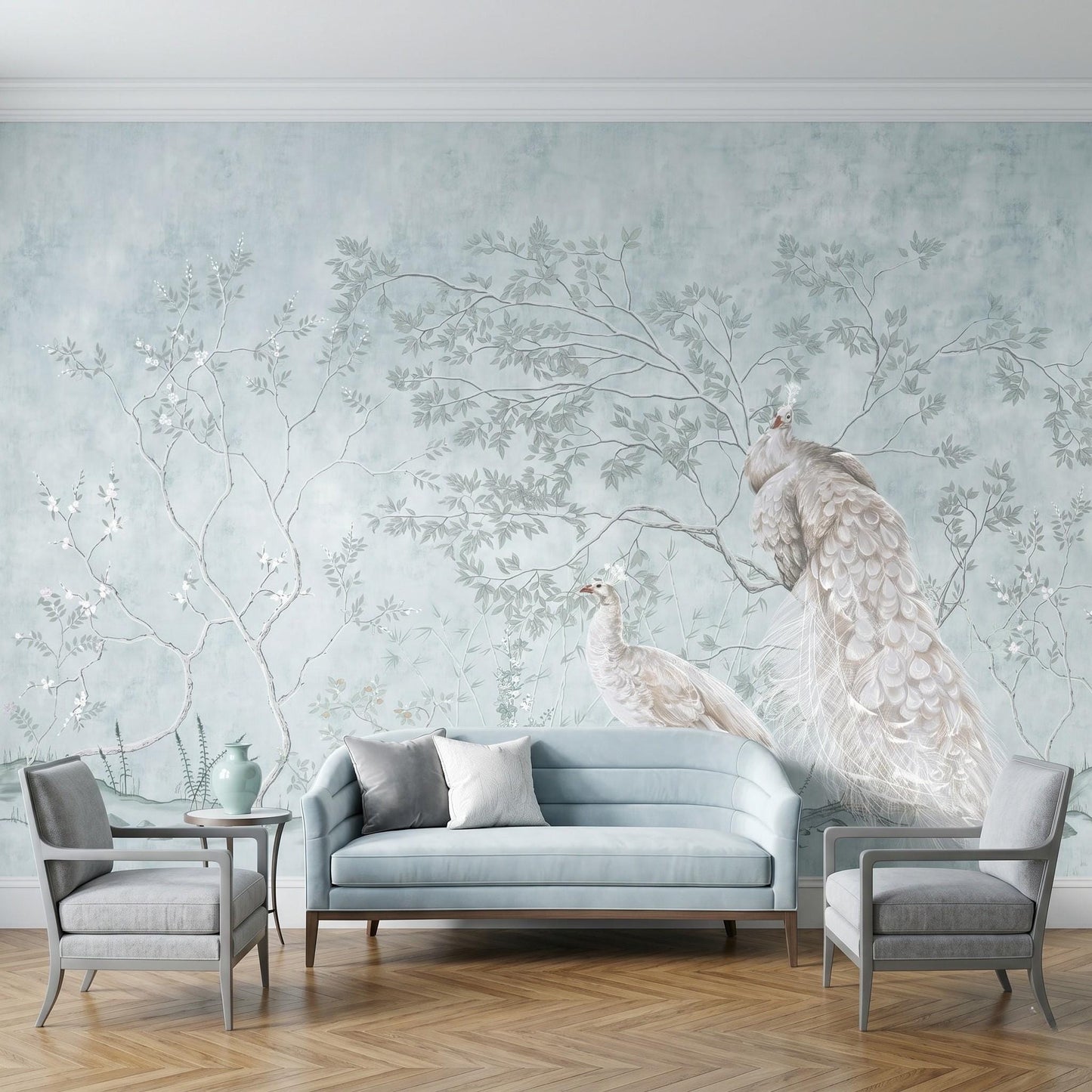 Pale Blue Chinoiserie Peacock Mural, White Bird Floral Wallpaper, Peel Stick Nursery Decor-WP0038