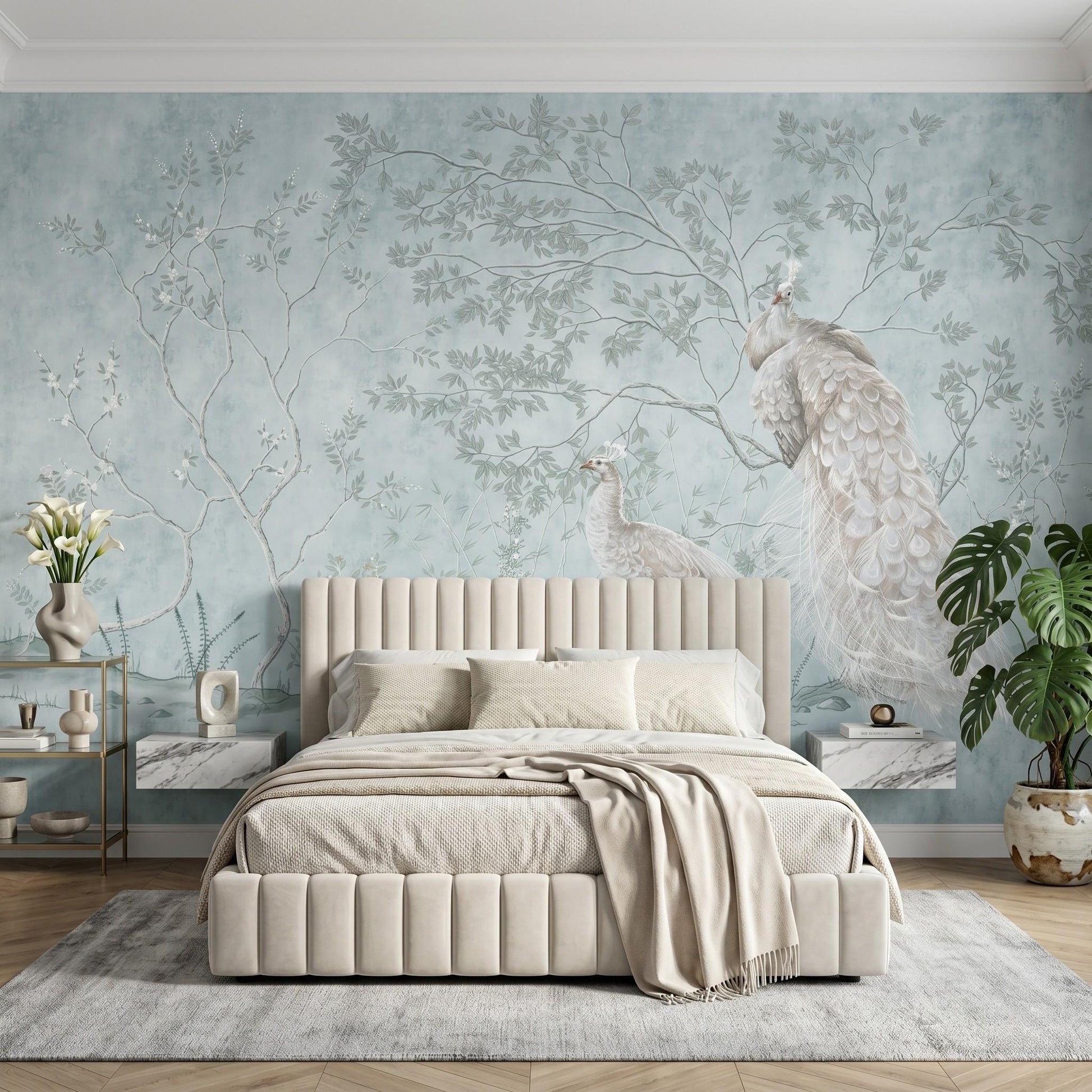 Pale Blue Chinoiserie Peacock Mural, White Bird Floral Wallpaper, Peel Stick Nursery Decor-WP0038