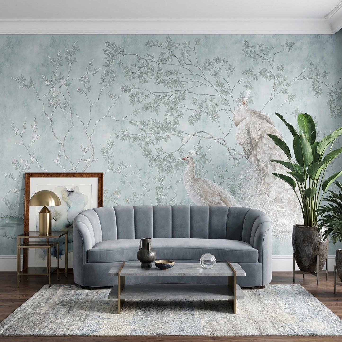 Pale Blue Chinoiserie Peacock Mural, White Bird Floral Wallpaper, Peel Stick Nursery Decor-WP0038