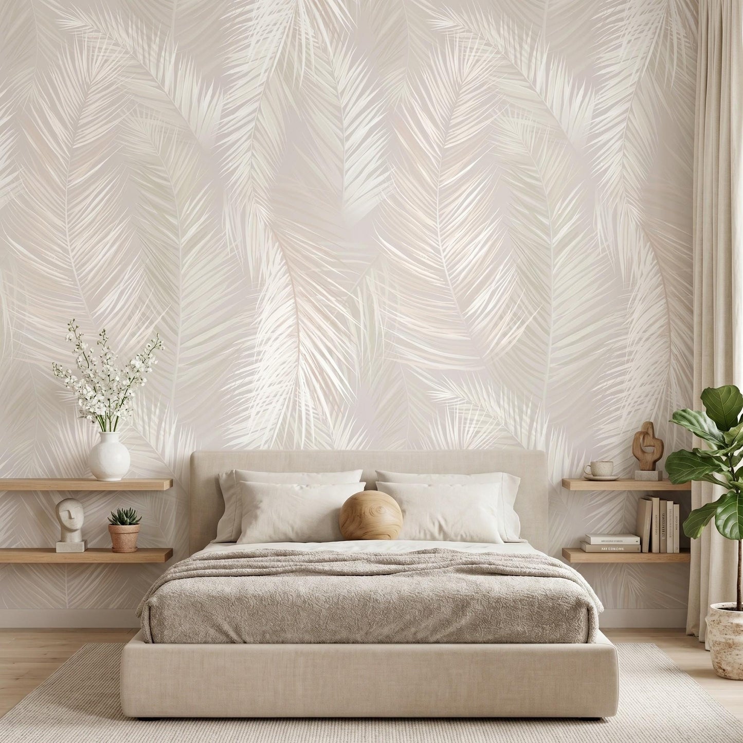Beige Minimalist Coastal Palm Leaf Wallpaper Mural, Neutral Boho Botanical Wall Decor, Elegant Tropical Nursery Accent Wall-WP0025