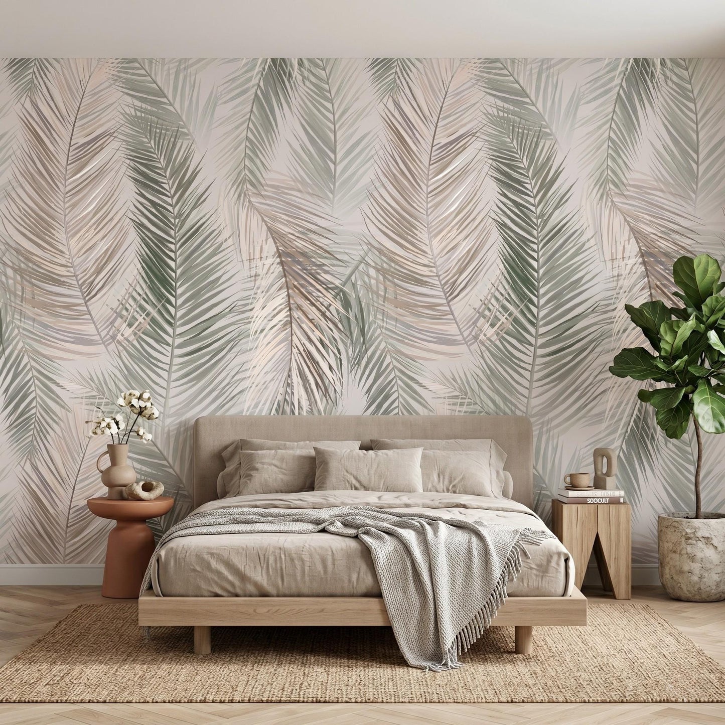 Sage Green Palm Leaf Wall Mural, Boho Tropical Wallpaper, Neutral Botanical Peel and Stick, Coastal Bedroom Nursery Decor-WP0030