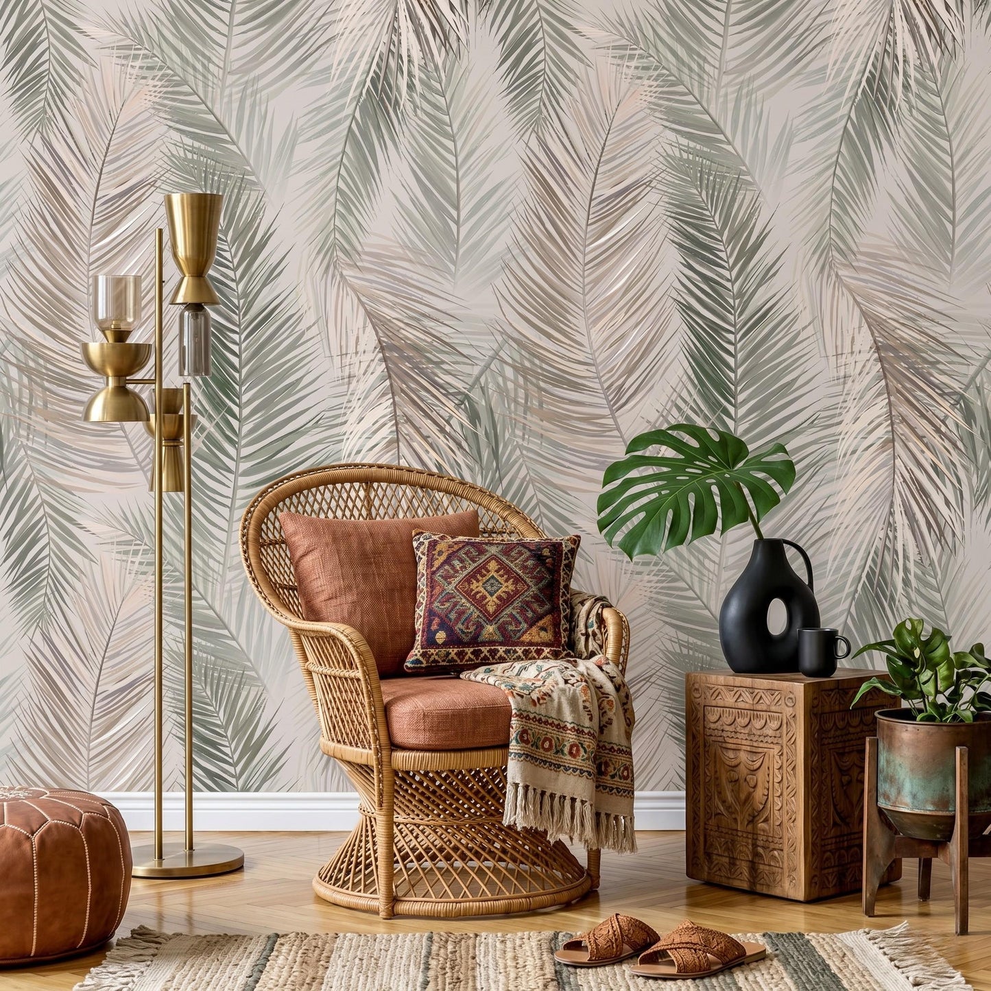 Sage Green Palm Leaf Wall Mural, Boho Tropical Wallpaper, Neutral Botanical Peel and Stick, Coastal Bedroom Nursery Decor-WP0030