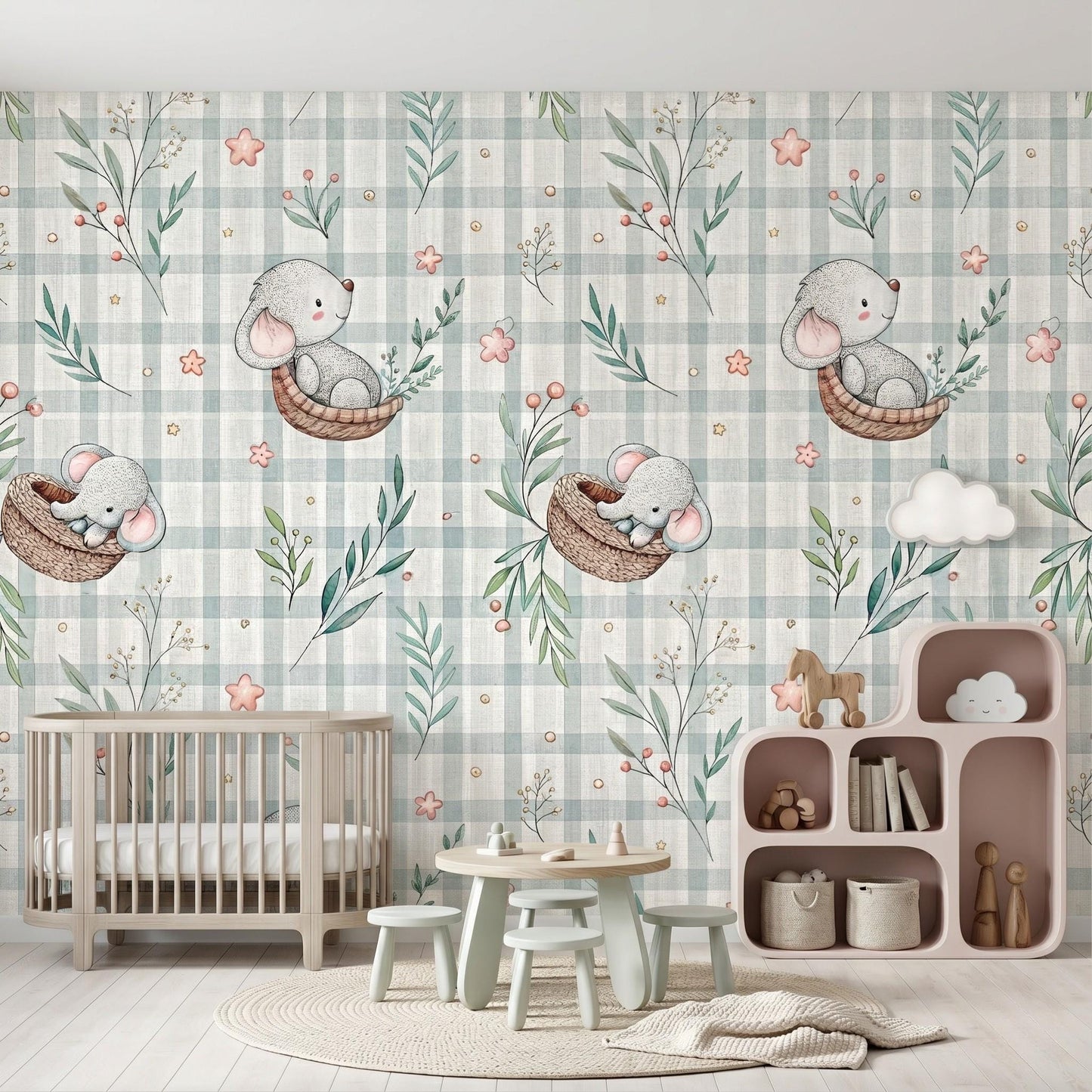 Sage Green Nursery Wallpaper, Elephant Gingham Wall Mural, Boho Baby Room Decor, Watercolor Animal Wallpaper, Neutral Nursery Art-WP0039