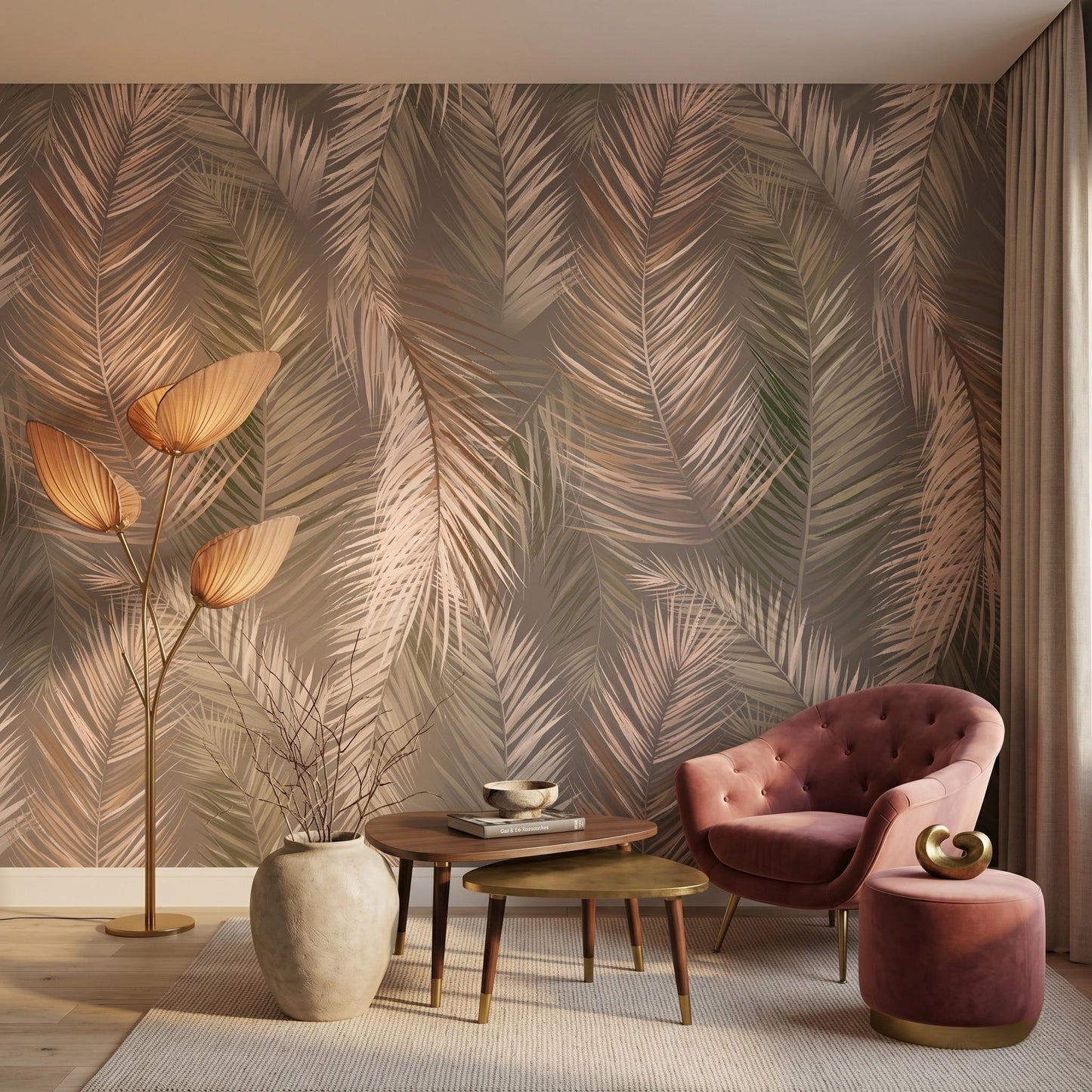 Dusty Rose Boho Palm Leaf Wallpaper, Earthy Tropical Wall Decor, Minimalist Bohemian Room Accent, Nature Inspired Home Mural-WP0041