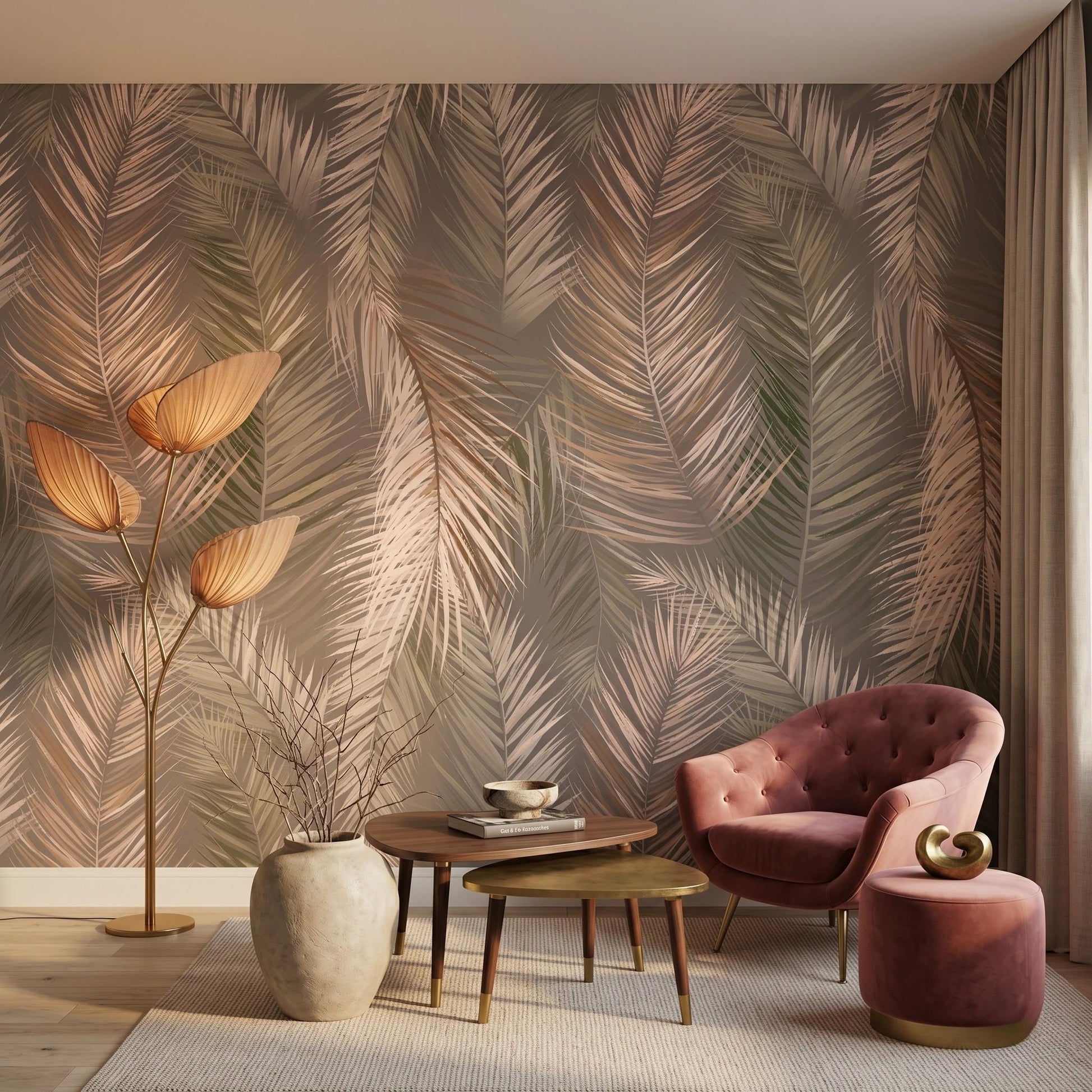 Dusty Rose Boho Palm Leaf Wallpaper, Earthy Tropical Wall Decor, Minimalist Bohemian Room Accent, Nature Inspired Home Mural-WP0041