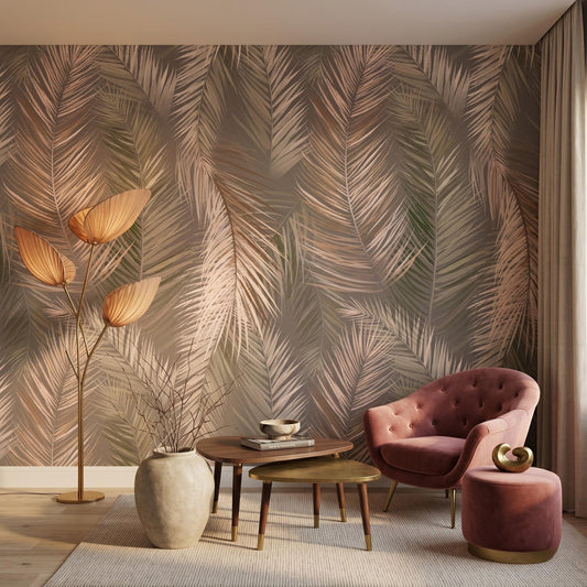 Dusty Rose Boho Palm Leaf Wallpaper, Earthy Tropical Wall Decor, Minimalist Bohemian Room Accent, Nature Inspired Home Mural-WP0041