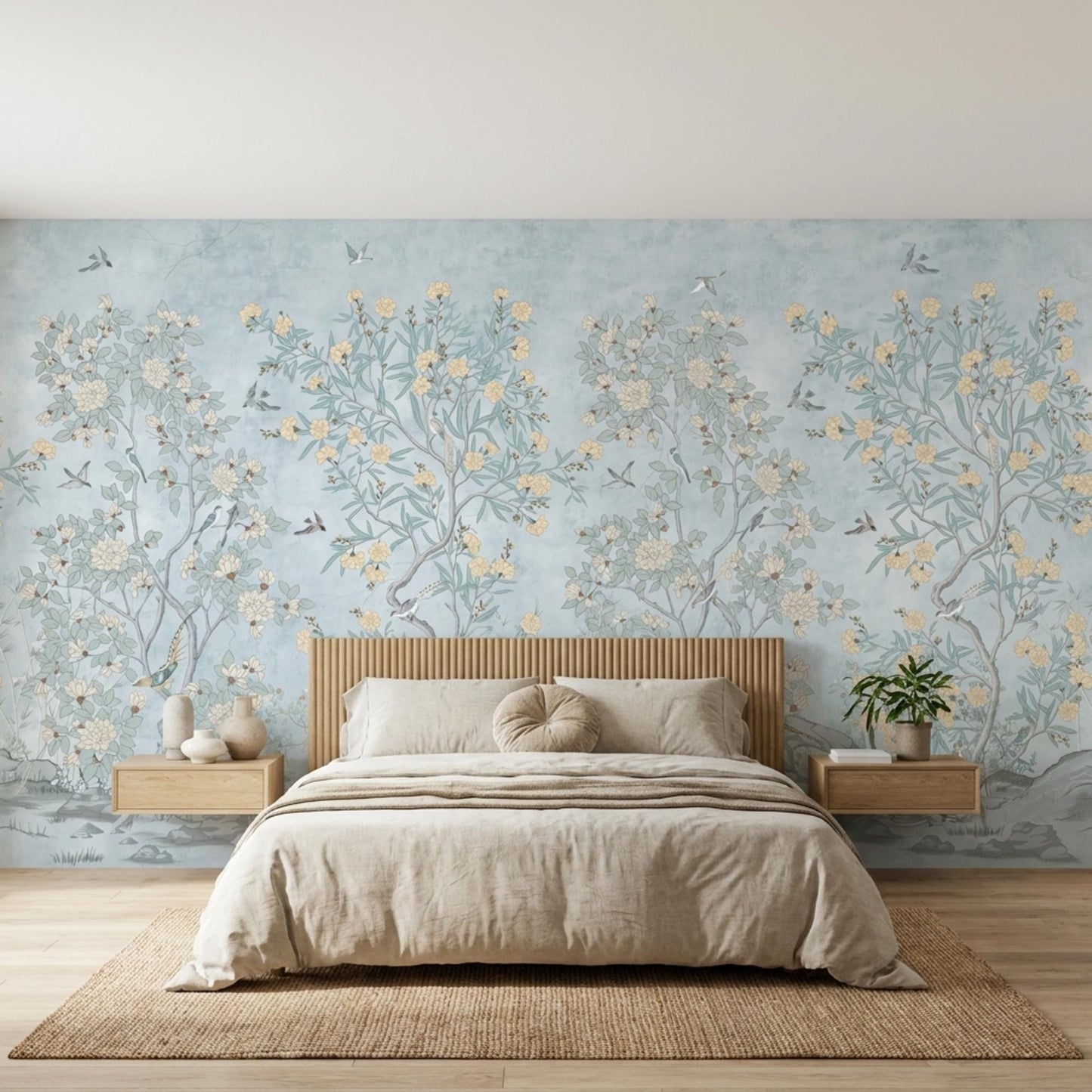 Dusty Blue Chinoiserie Wallpaper, Floral Bird Mural, Botanical Decor (Peel and Stick)-WP0016
