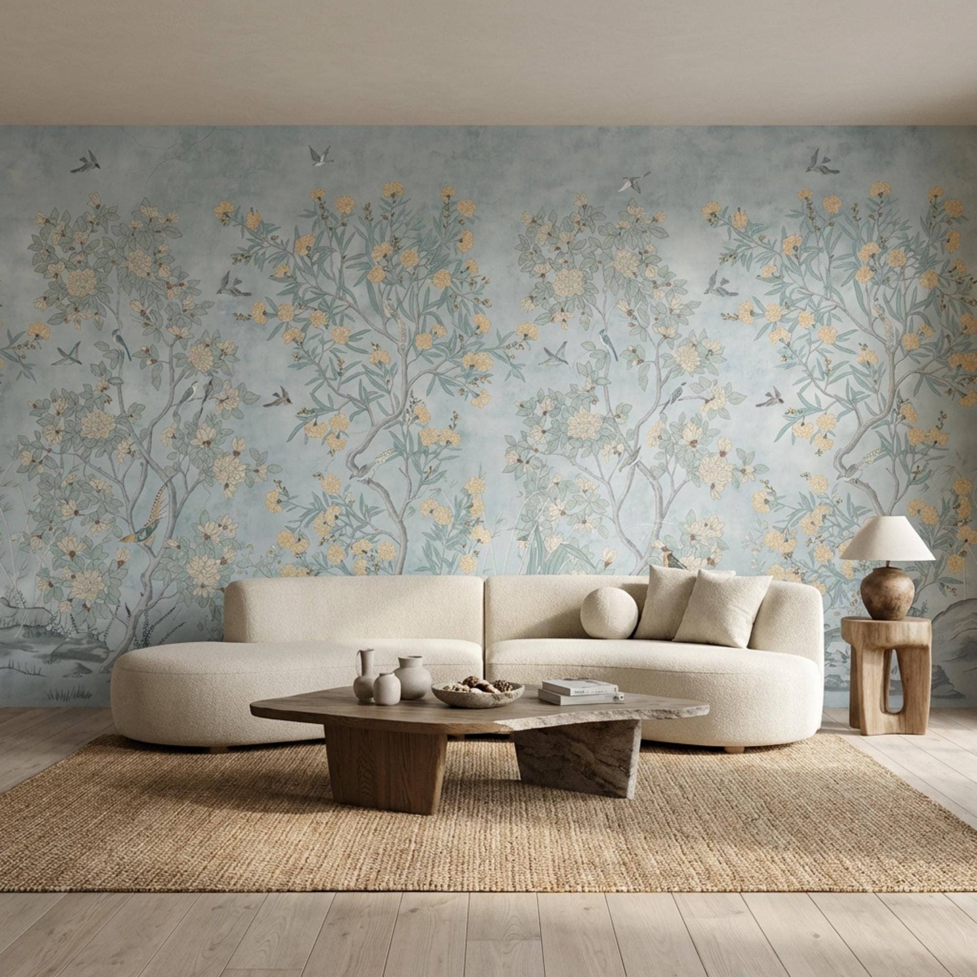 Dusty Blue Chinoiserie Wallpaper, Floral Bird Mural, Botanical Decor (Peel and Stick)-WP0016