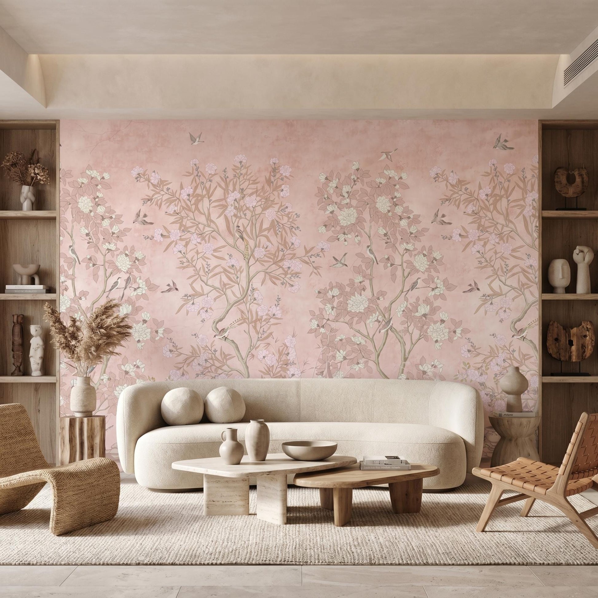 Dusty Pink Chinoiserie Floral Wallpaper Mural, Vintage Botanical Wall Decor, Boho Nursery Art-WP0008