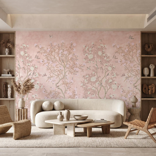 Dusty Pink Chinoiserie Floral Wallpaper Mural, Vintage Botanical Wall Decor, Boho Nursery Art-WP0008