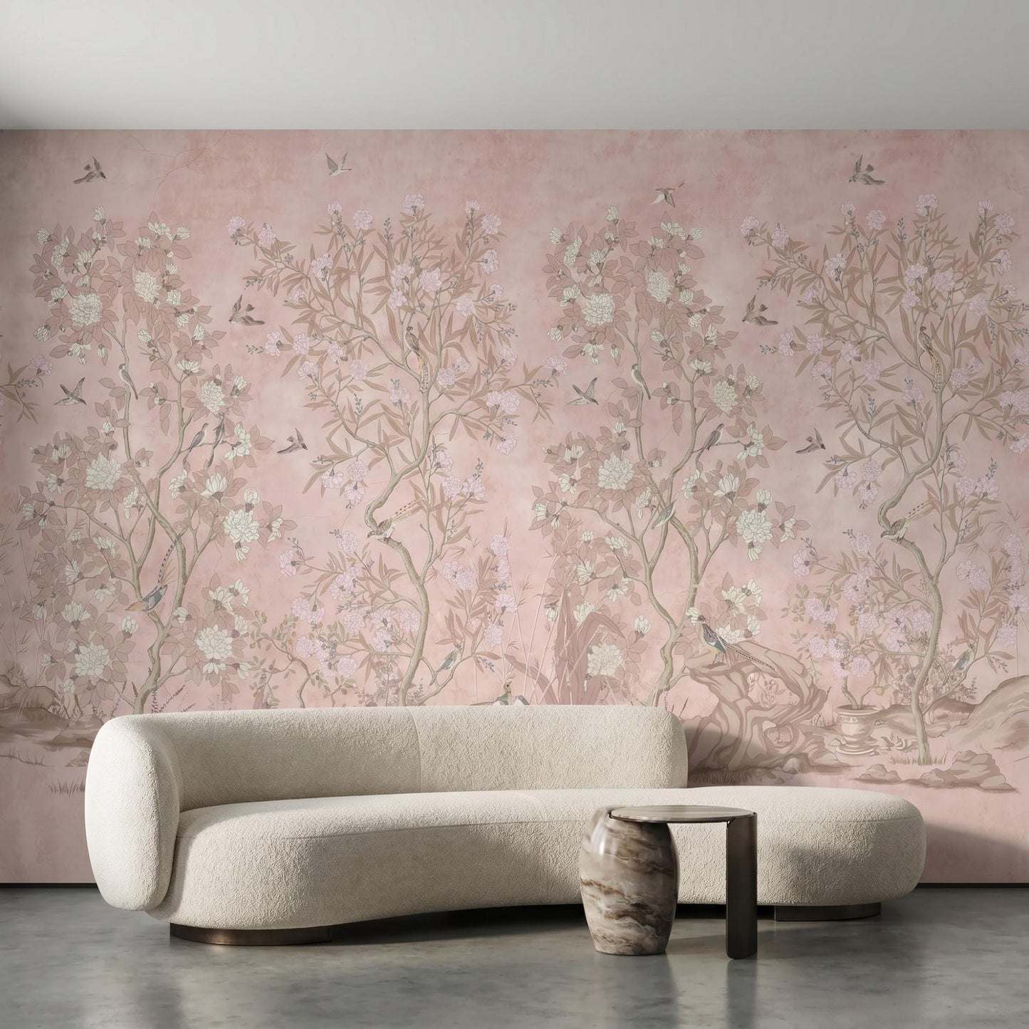 Dusty Pink Chinoiserie Floral Wallpaper Mural, Vintage Botanical Wall Decor, Boho Nursery Art-WP0008