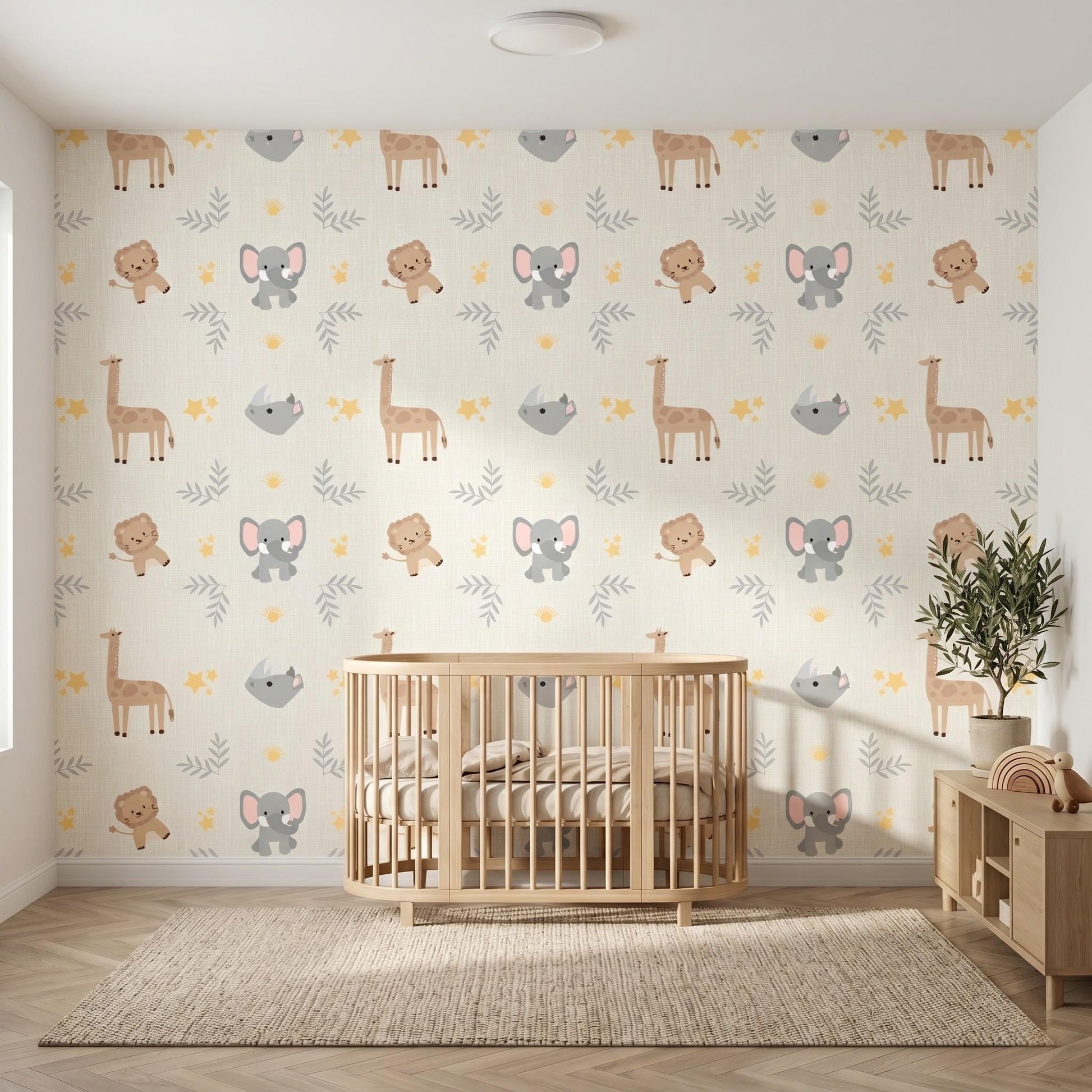 Beige Safari Animal Nursery Wallpaper, Gender Neutral Kids Room Decor, Neutral Jungle Theme Baby Room Wall Art-WP0065