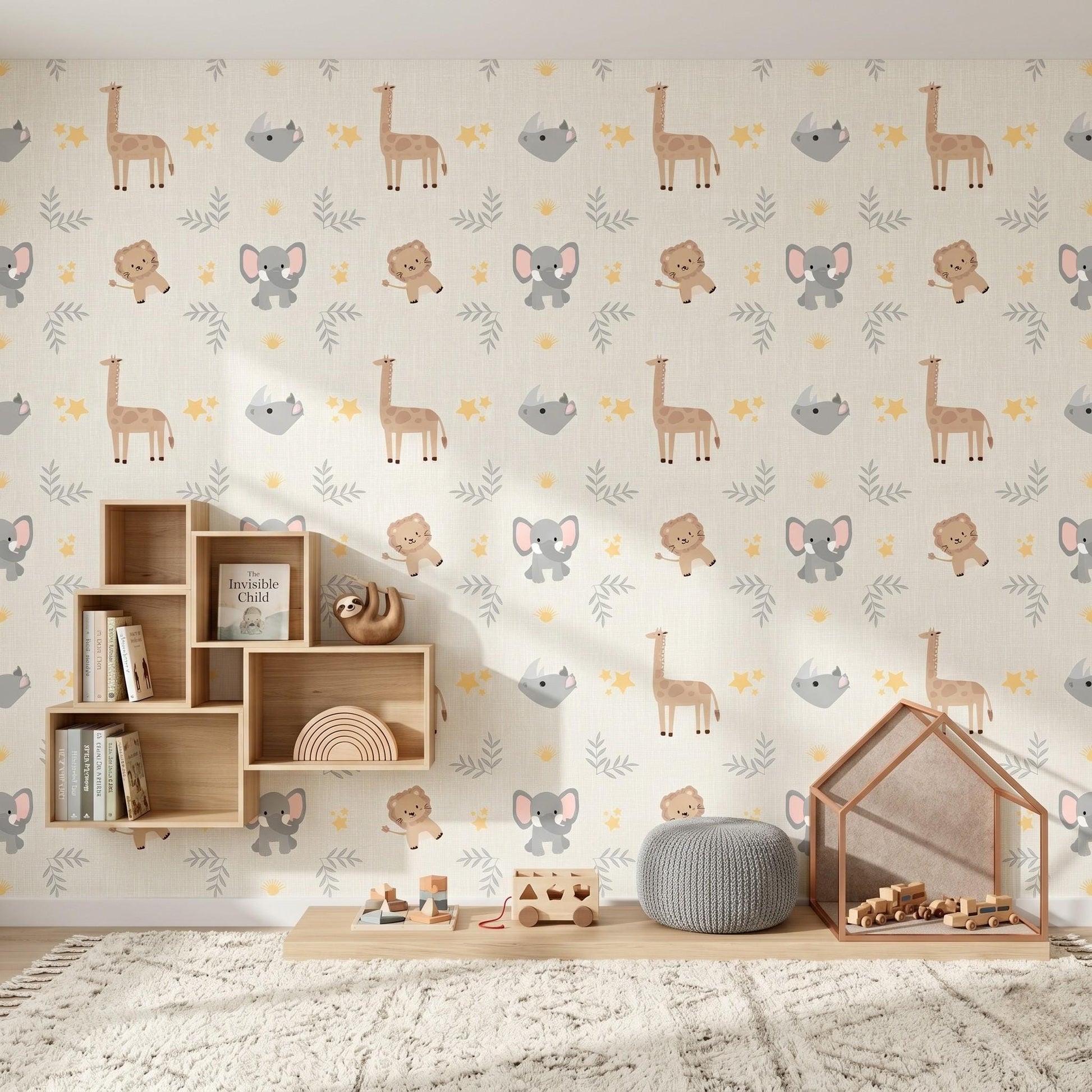 Beige Safari Animal Nursery Wallpaper, Gender Neutral Kids Room Decor, Neutral Jungle Theme Baby Room Wall Art-WP0065