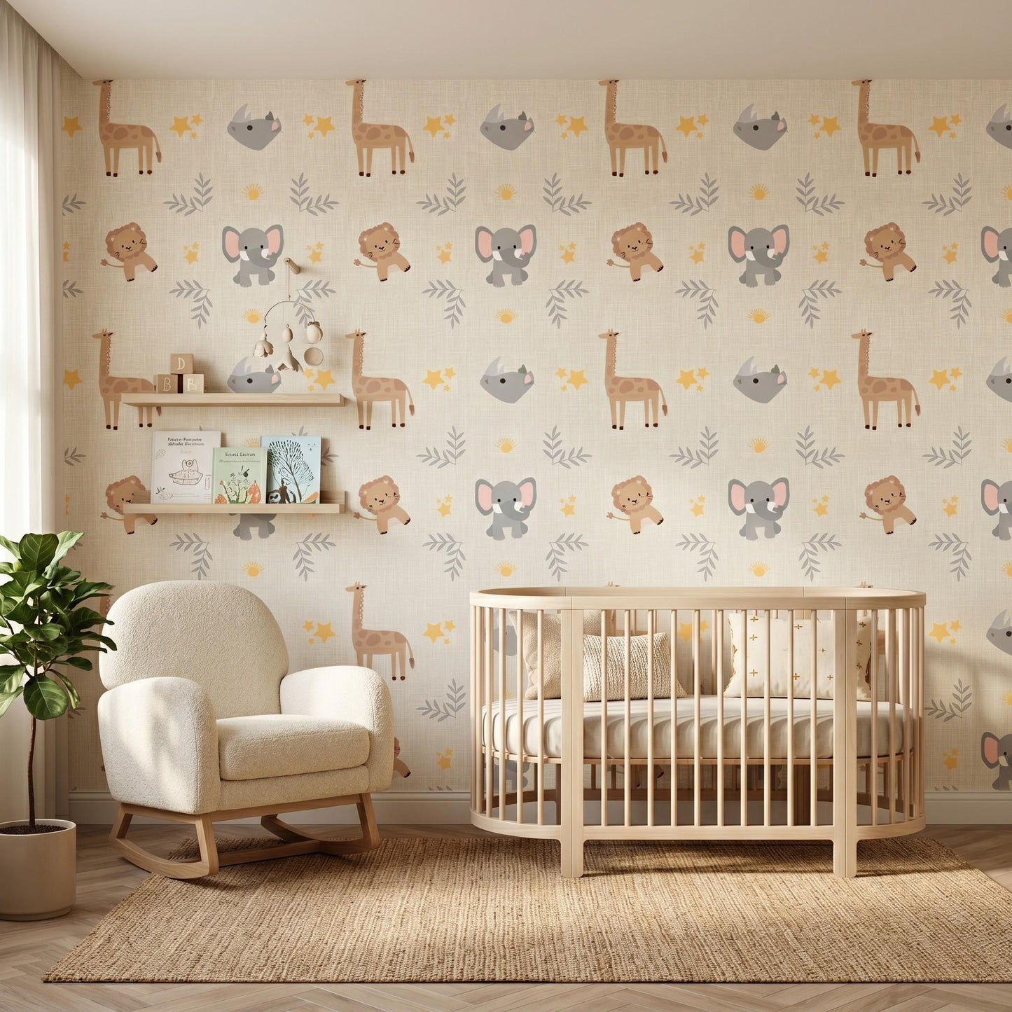 Beige Safari Animal Nursery Wallpaper, Gender Neutral Kids Room Decor, Neutral Jungle Theme Baby Room Wall Art-WP0065