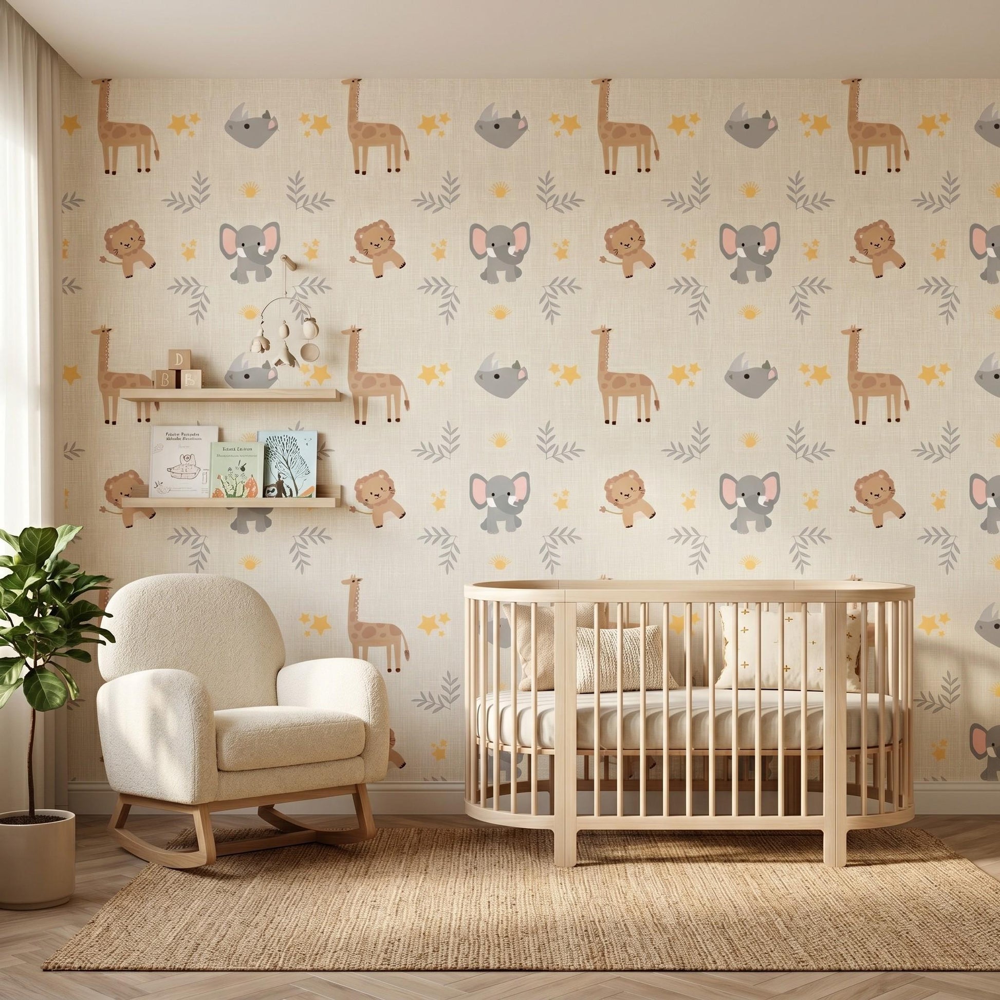 Beige Safari Animal Nursery Wallpaper, Gender Neutral Kids Room Decor, Neutral Jungle Theme Baby Room Wall Art-WP0065