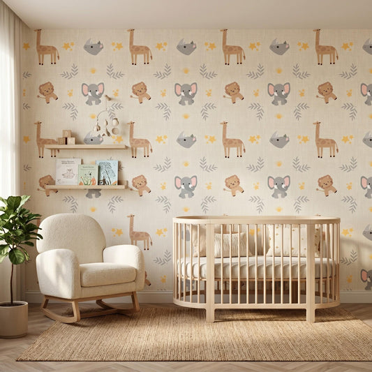 Beige Safari Animal Nursery Wallpaper, Gender Neutral Kids Room Decor, Neutral Jungle Theme Baby Room Wall Art-WP0065