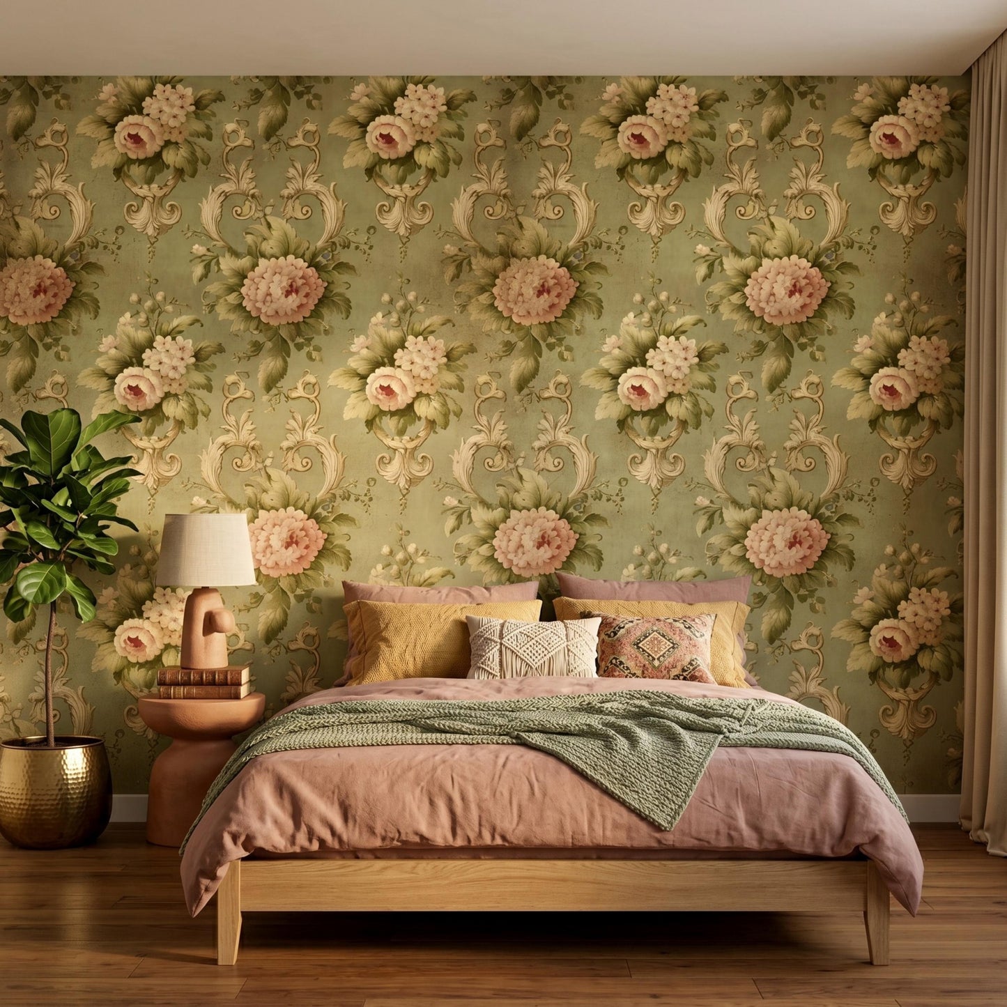 Sage Green Floral Peony Wallpaper, Rococo Victorian Wall Decor, Cottagecore Home Design-WP0031