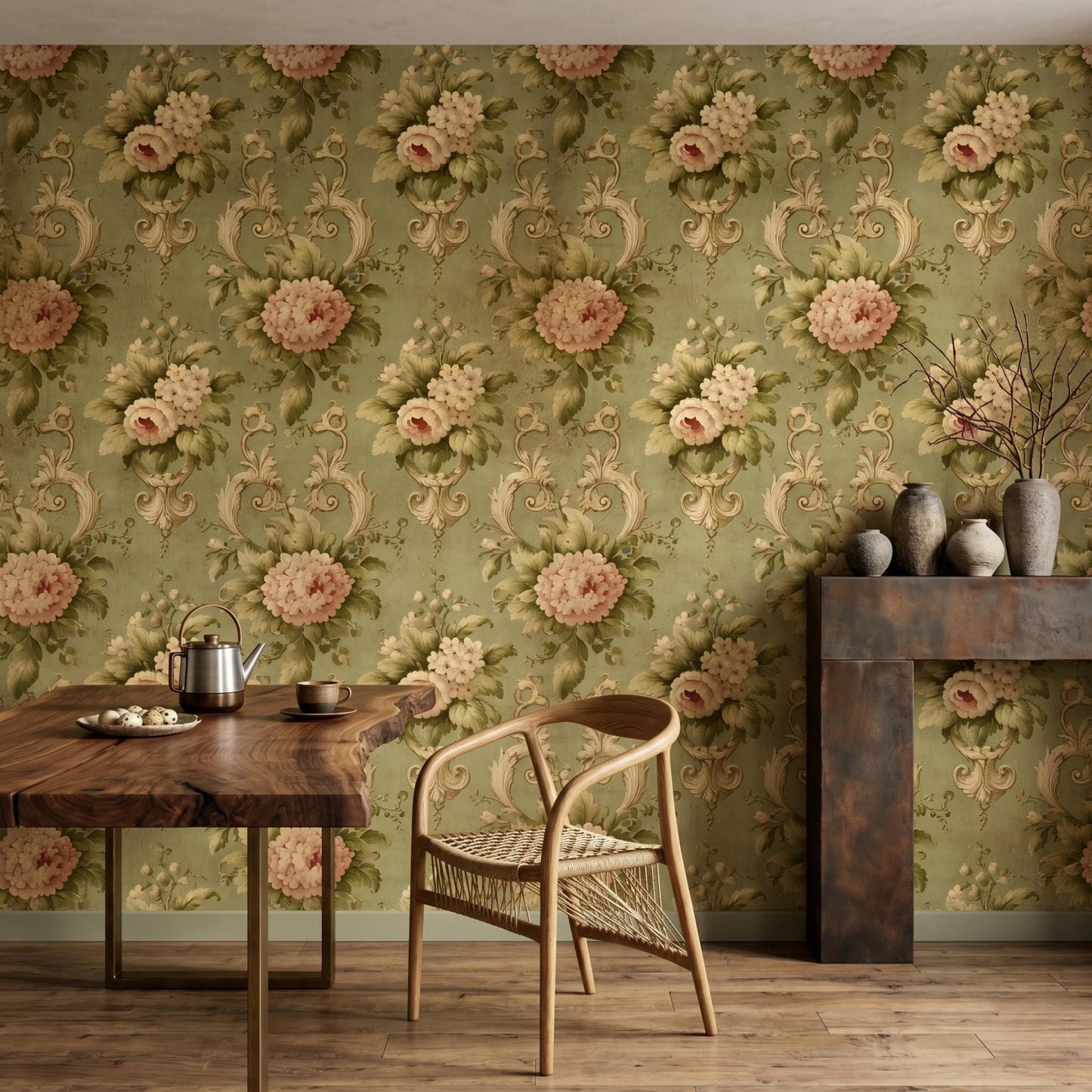Sage Green Floral Peony Wallpaper, Rococo Victorian Wall Decor, Cottagecore Home Design-WP0031