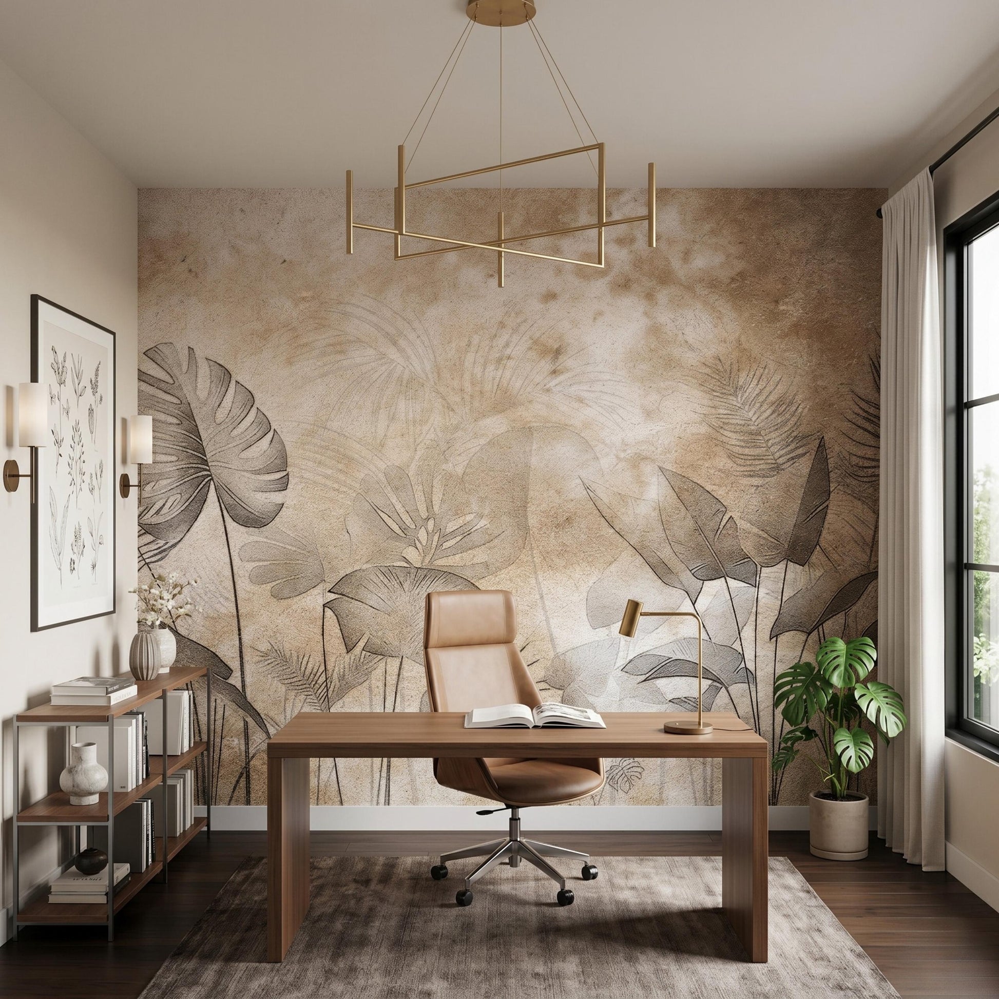 Vintage Botanical Wallpaper Mural, Beige Tropical Leaf Wall Decor, Neutral Sepia Sketch Wallpaper, Rustic Antique Nature Accent Wall-WP0067