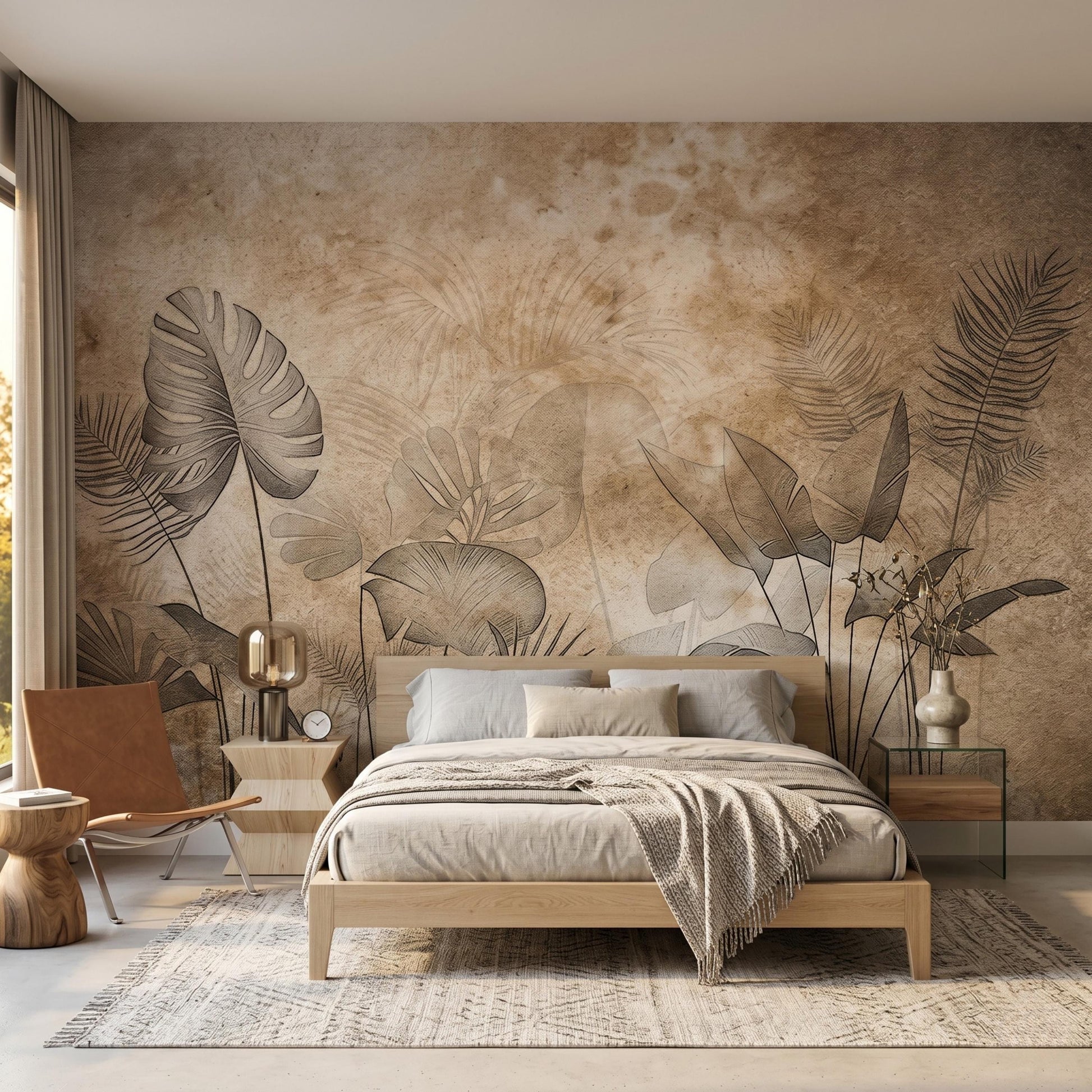 Vintage Botanical Wallpaper Mural, Beige Tropical Leaf Wall Decor, Neutral Sepia Sketch Wallpaper, Rustic Antique Nature Accent Wall-WP0067