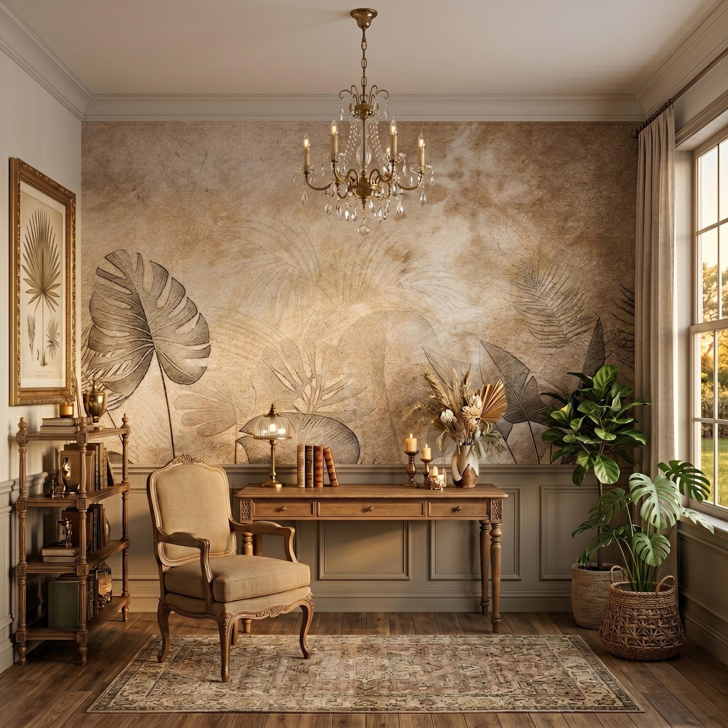 Vintage Botanical Wallpaper Mural, Beige Tropical Leaf Wall Decor, Neutral Sepia Sketch Wallpaper, Rustic Antique Nature Accent Wall-WP0067